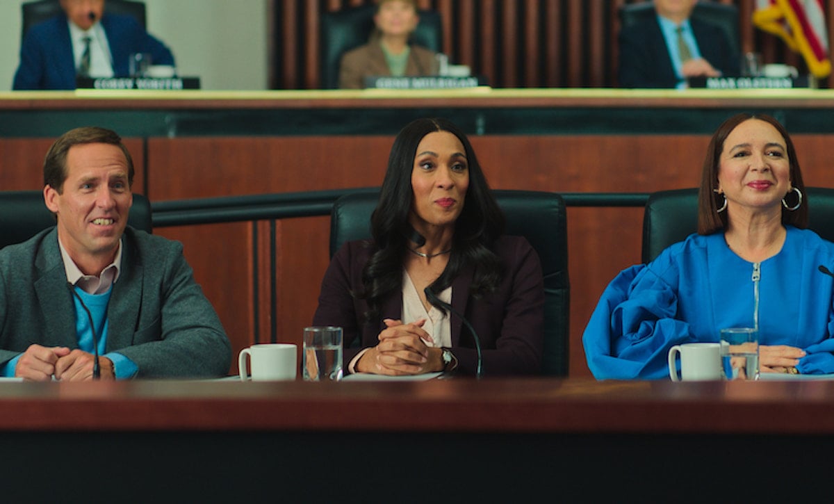 Nat Faxon, MJ Rodriguez, and Maya Rudolph sit next to each other in a scene from 'Loot' Season 1 Episode 9: 'Cahoga Lake'