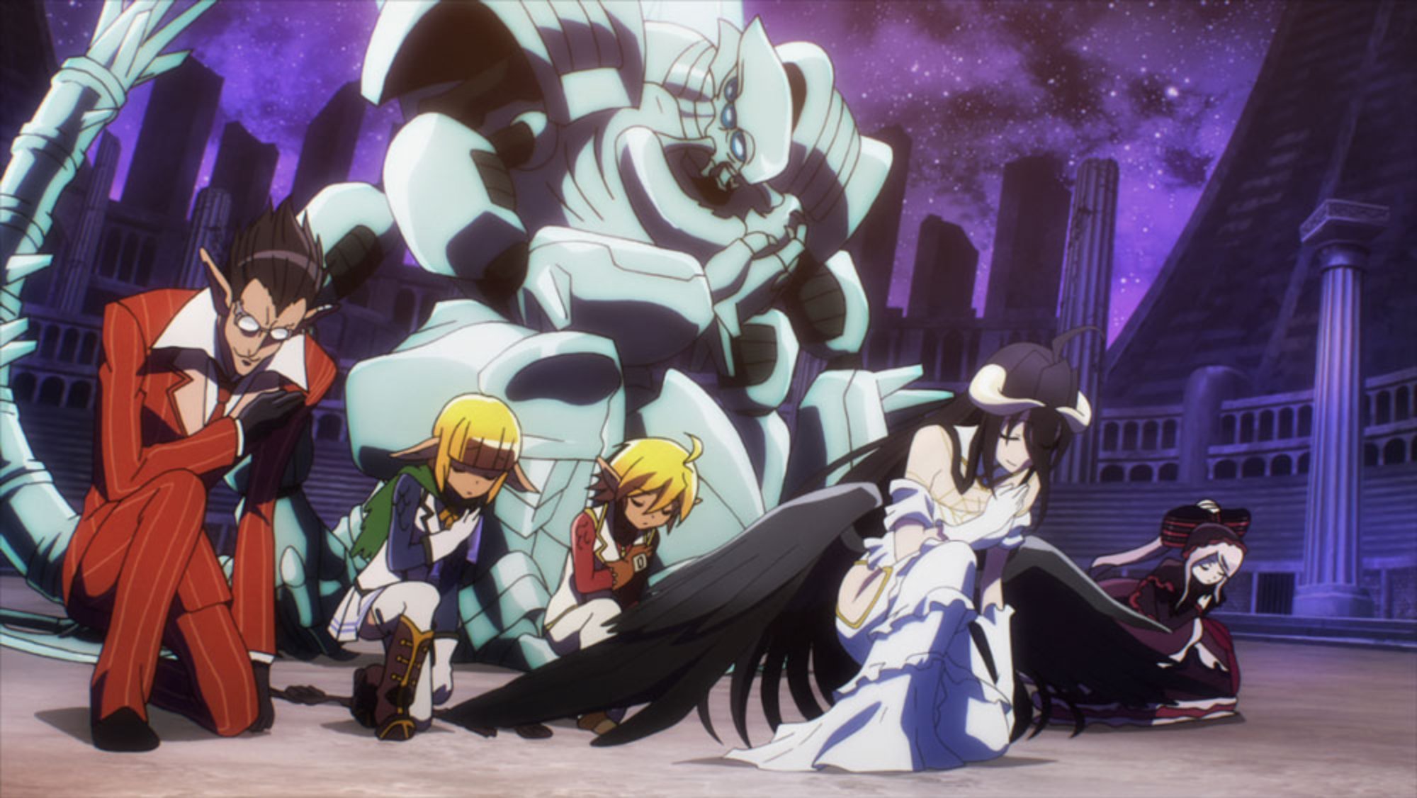 'Overlord' Demiurge (voiced by Masayuki Katô), Aura (voiced by Emiri Kato), Mare (voiced by Yumi Uchiyama), Cocytus (voiced by Kenta Miyake), Albedo (voiced by Yumi Hara), Shalltear (voiced by Sumire Uesaka) bowing in front of chair.