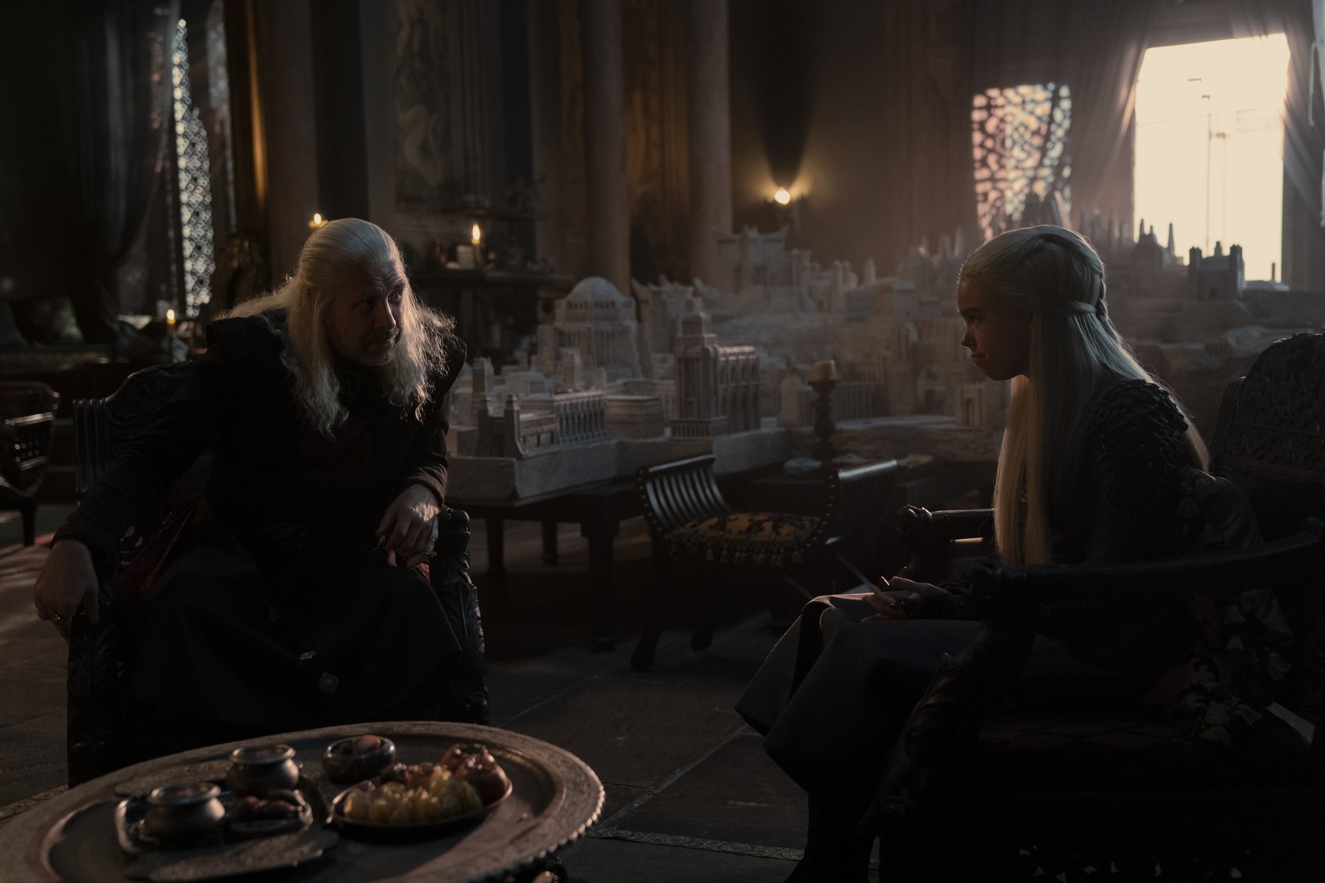 Paddy Considine as Viserys and Milly Alcock as Rhaenyra in House of the Dragon