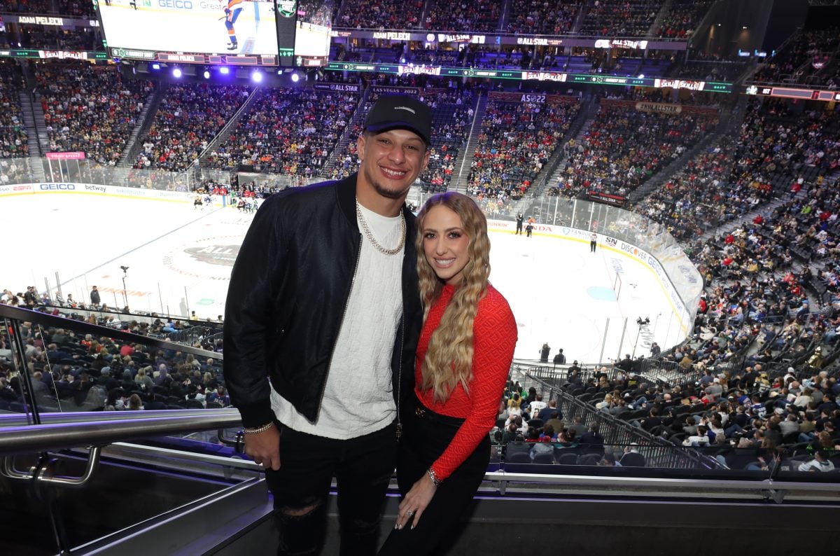 Patrick Mahomes and Brittany Matthews attend the 2022 NHL All-Star Skills event