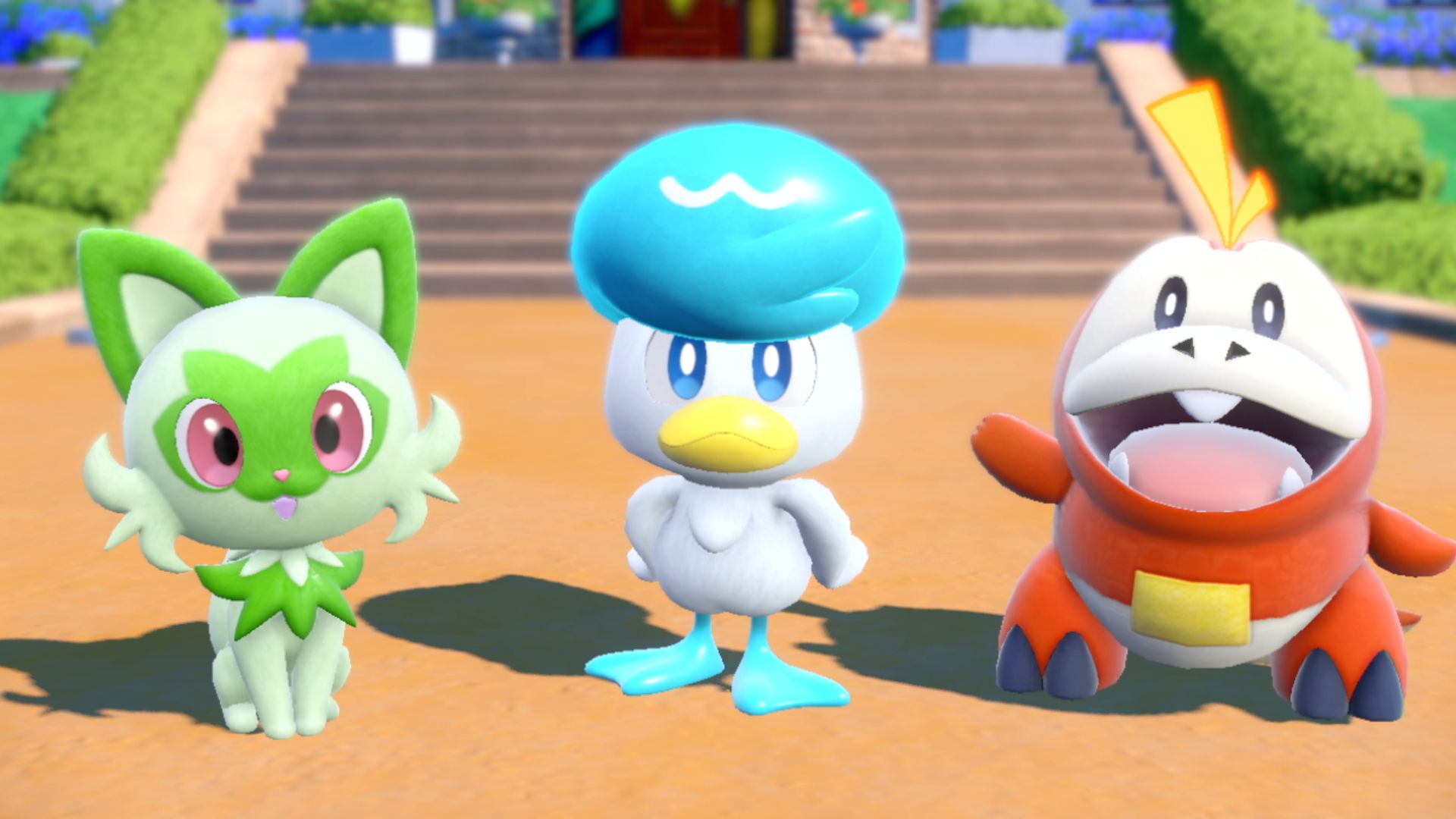 Sprigatito, Quaxly, and Fuecoco in 'Pokémon Scarlet' and 'Violet' for our article about the August 2022 Pokémon Presents. The three starters are standing next to one another in front of a staircase.