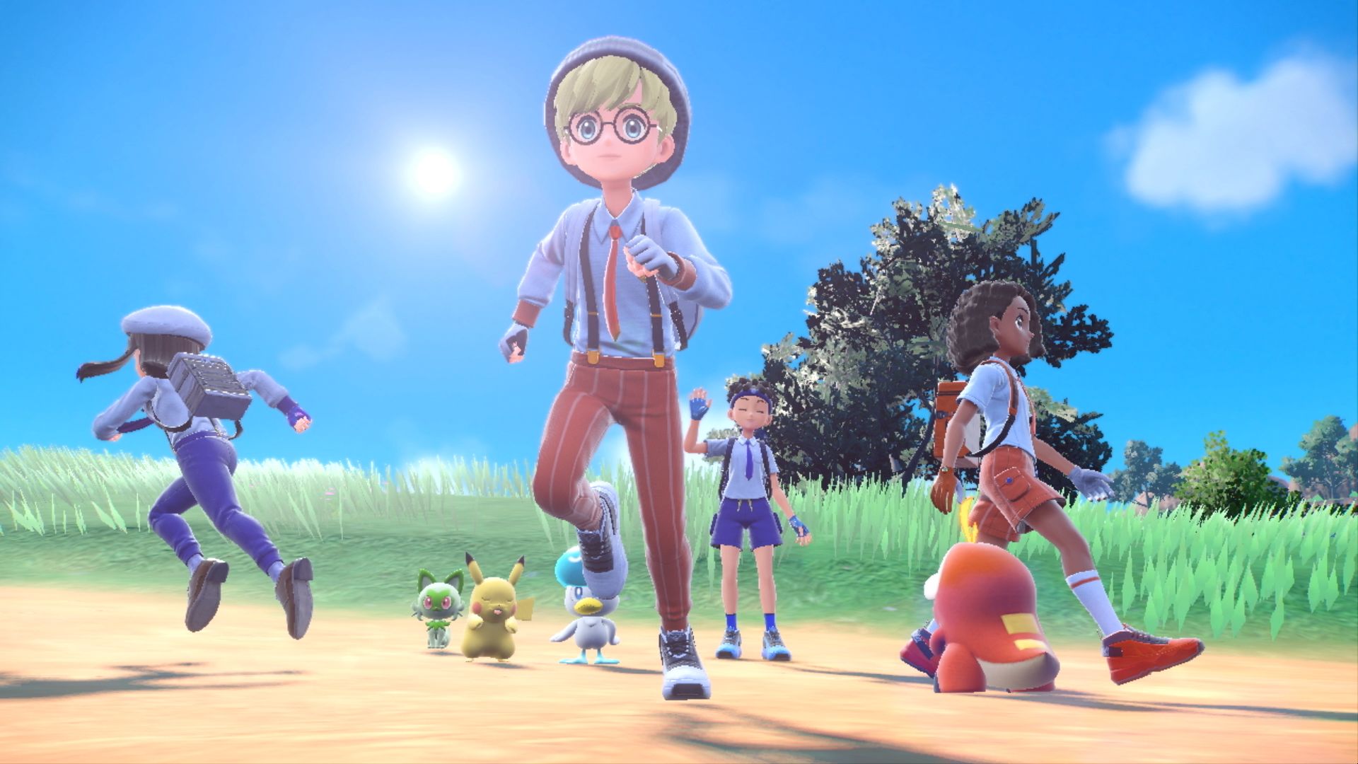 A screenshot of 'Pokémon Scarlet' and 'Pokémon Violet' for our article about the August 2022 Pokémon Presents. It sees four trainers standing with their Pokémon, which include Pikachu, Quaxly, Fuecoco, and Sprigatito.