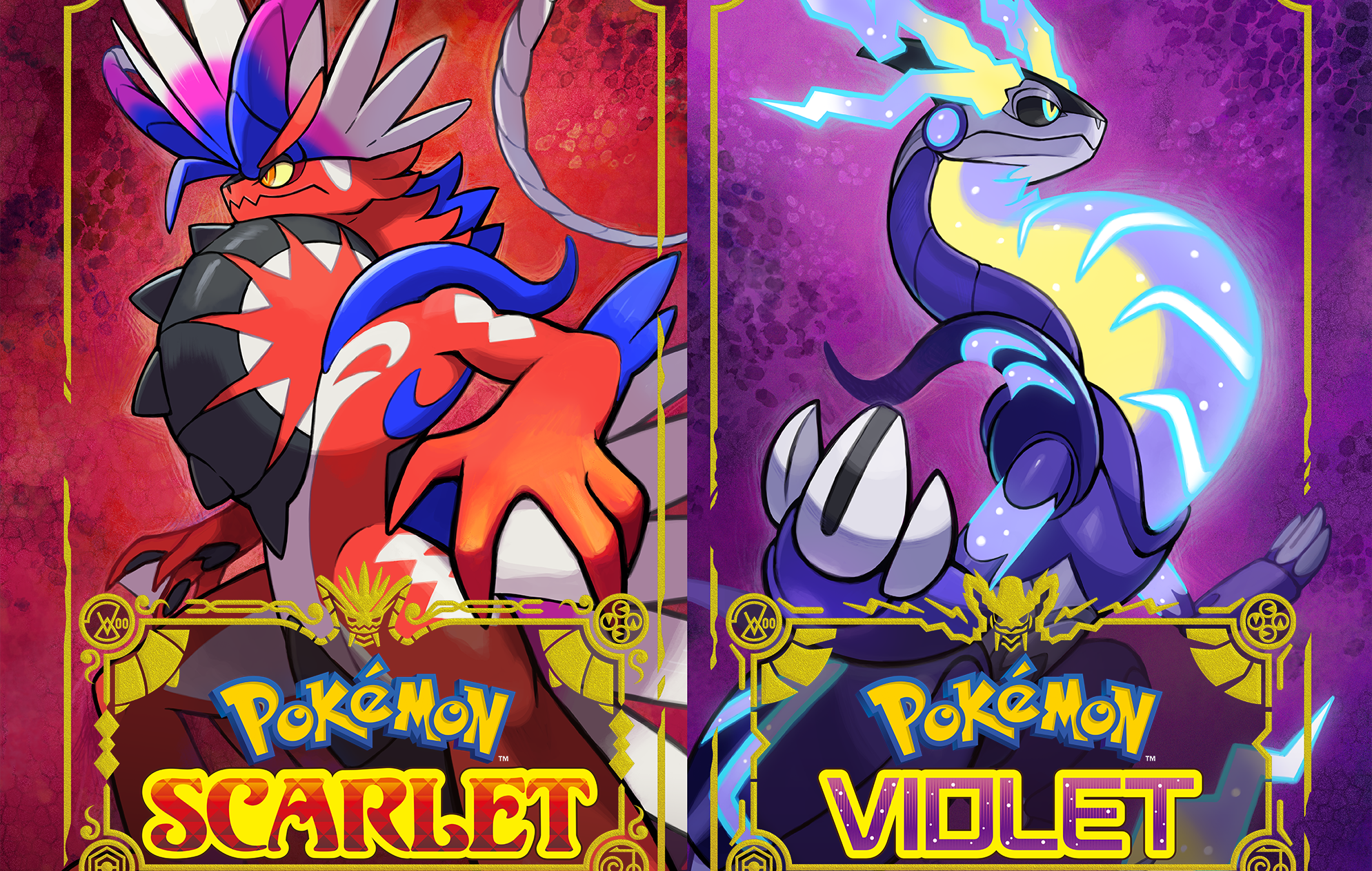 Game covers for 'Pokémon Scarlet' and 'Violet,' which take place in the Paldea region and have a unique plot. They feature the Legendary Pokémon for each game, with Scarlet boasting a red background and Legendary and Violet having a blue Legendary and purple background. Both look like dragons.