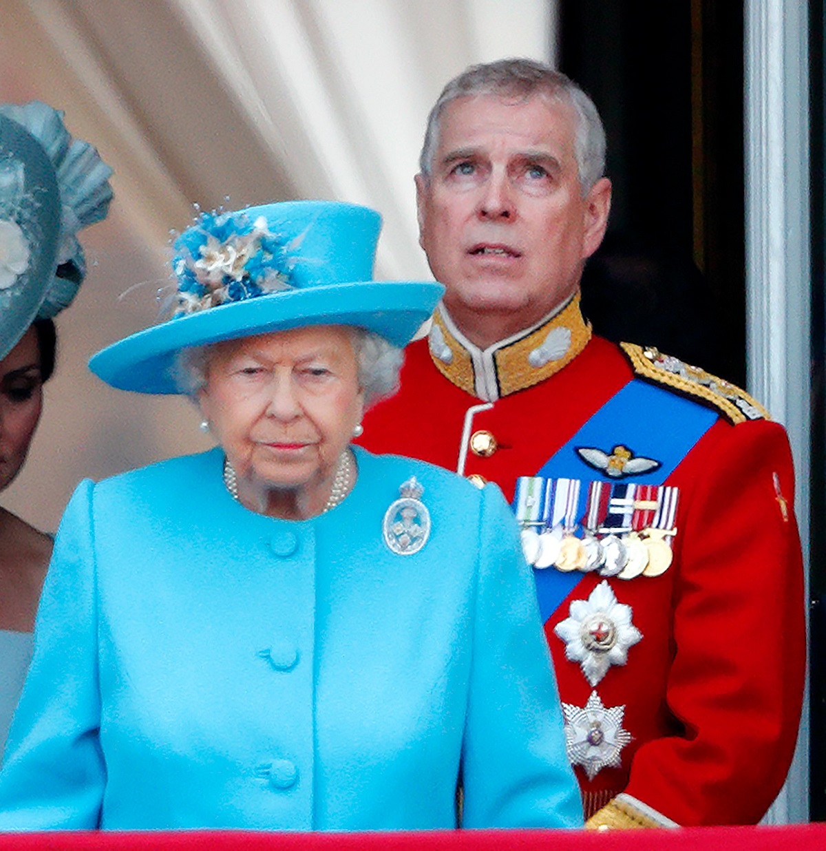 Prince Andrew standing behind Queen Elizabeth II at Trooping the Colour