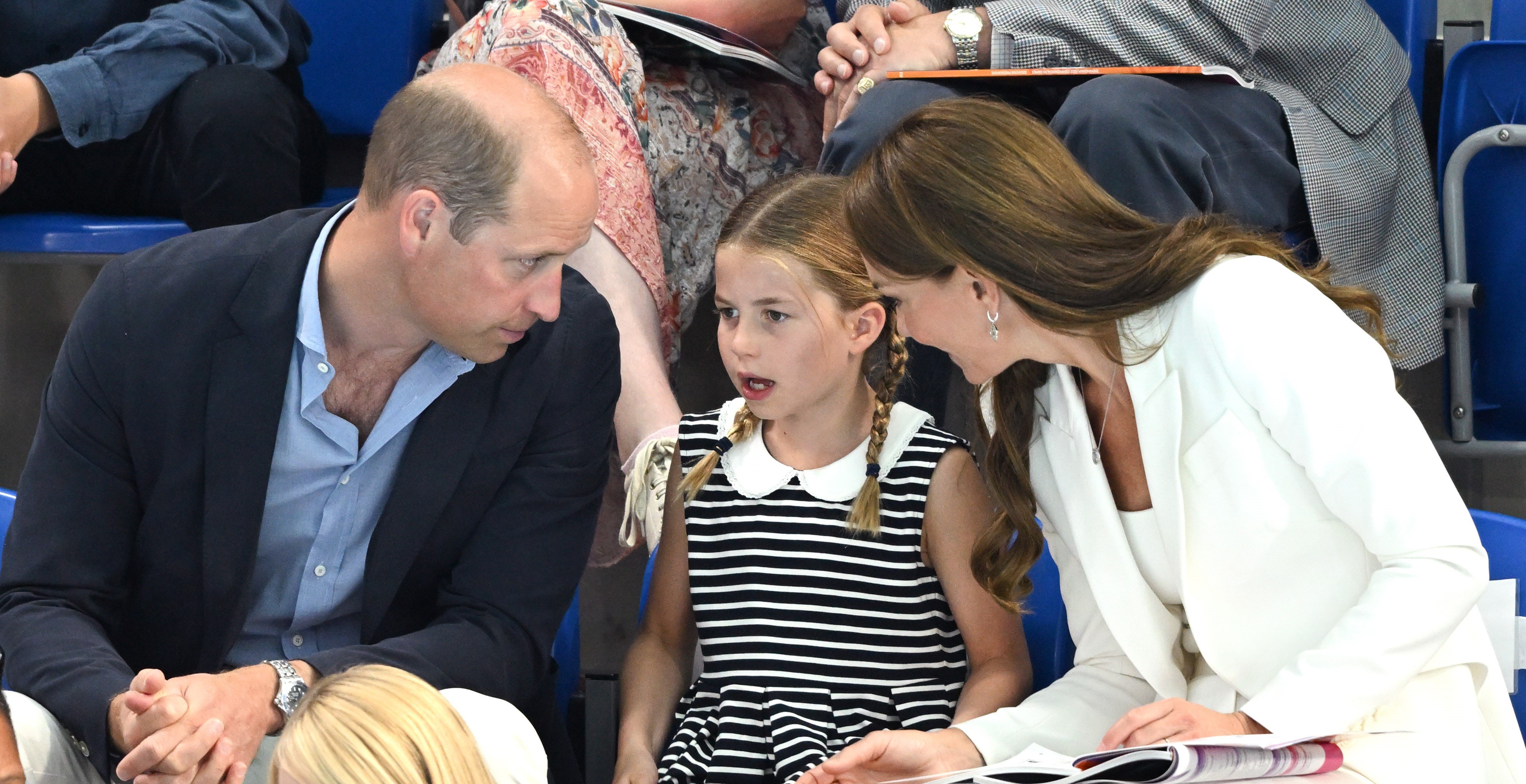 Prince William, Kate Middleton, and Princess Charlotte. who has 6-word question during the Commonwealth Games. attend the Sandwell Aquatics Centre