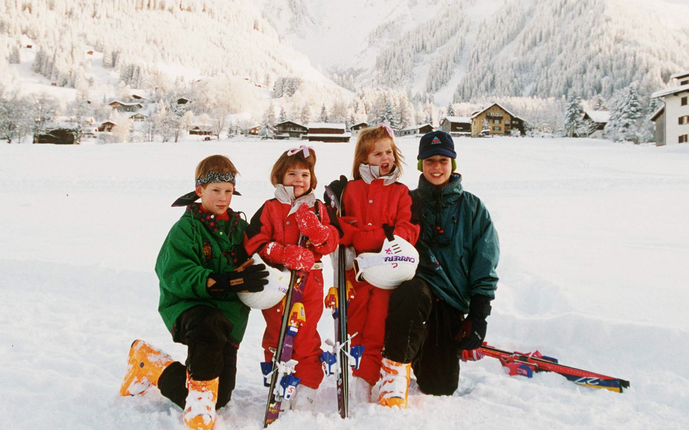 Prince William and Prince Harry pose for photo with Princess Beatrice and Princess Eugenie during ski trip in Klosters, Switzerland