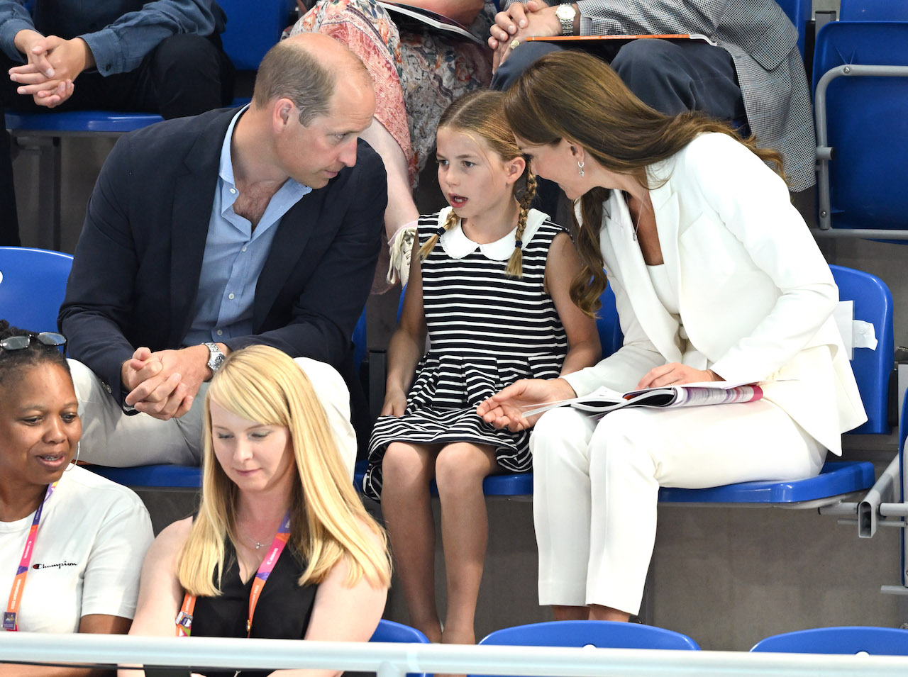 Prince William, Princess Charlotte, and Kate Middleton attend the Sandwell Aquatics Centre during the 2022 Commonwealth Games