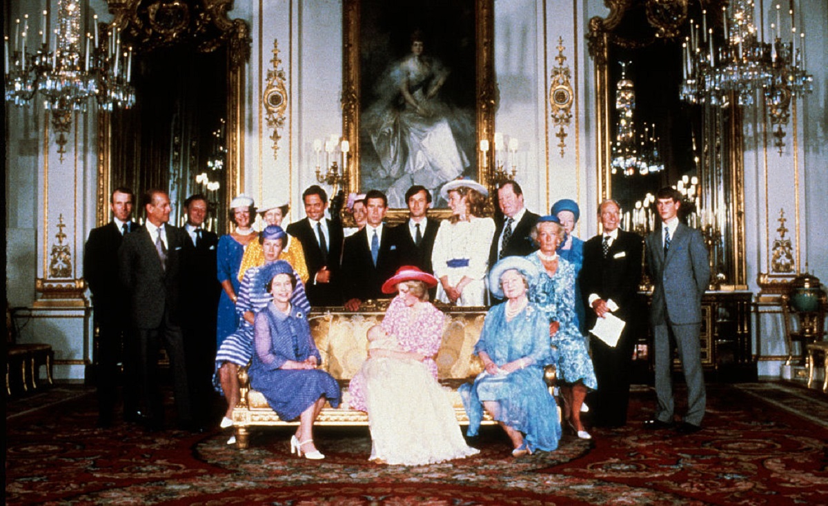 Princess Diana surrounded by several other royals and relatives following Prince William's christening