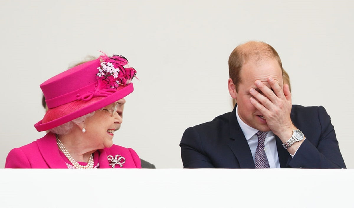 Queen Elizabeth II, who was seen on video saving a young Prince William from a moving carriage, laughing as they watch a parade at 'The Patron's Lunch'