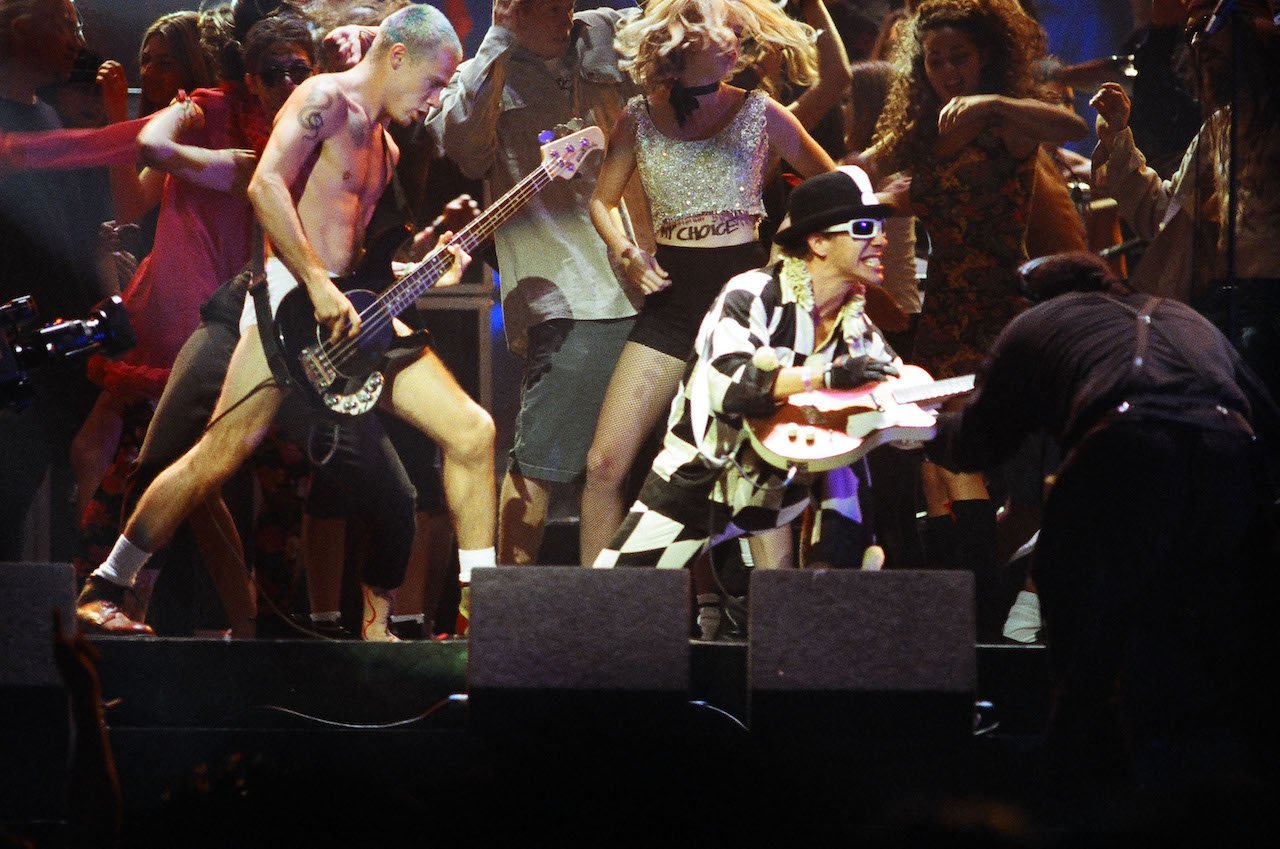 Flea on Bass Guitar (left) and Anthony Kiedis (right) of The Red Hot Chili Peppers during their performance at the 1992 MTV VMAs