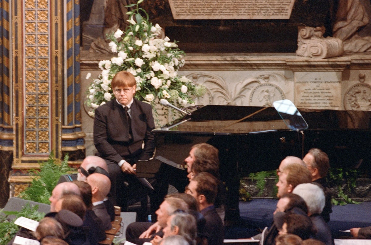 Sir Elton John after singing a revised version of 'Candle in the Wind' at Princess Diana's funeral