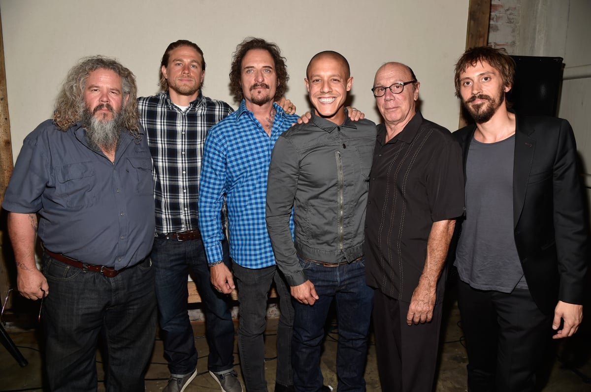 The cast of Sons of Anarchy Charlie Hunnam Mark Boone Junior, Kim Coates, Theo Rossi, Dayton Callie and Niko Nicotera