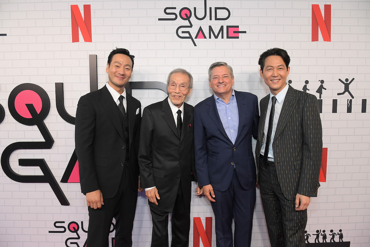 Park Hae-soo, Oh Young-soo, CEO of Netflix Ted Sarandos, and Lee Jung-jae attend Netflix's FYSEE event for "Squid Game"