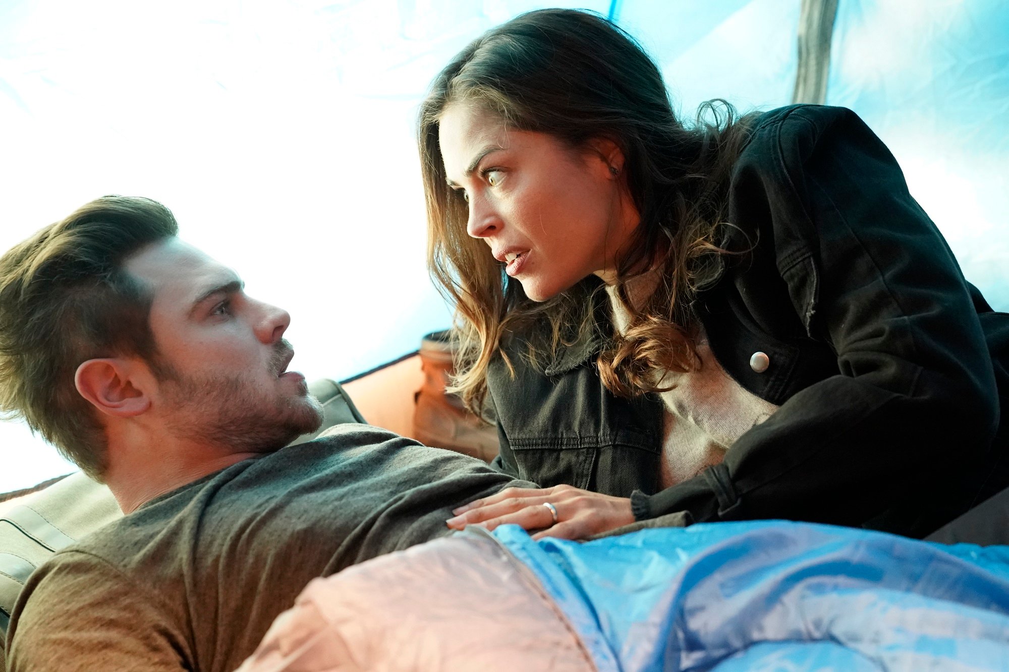 'Station 19' Grey Damon as Jack Gibson and Kelly Thiebaud as Eva Vasquez on top of Jack