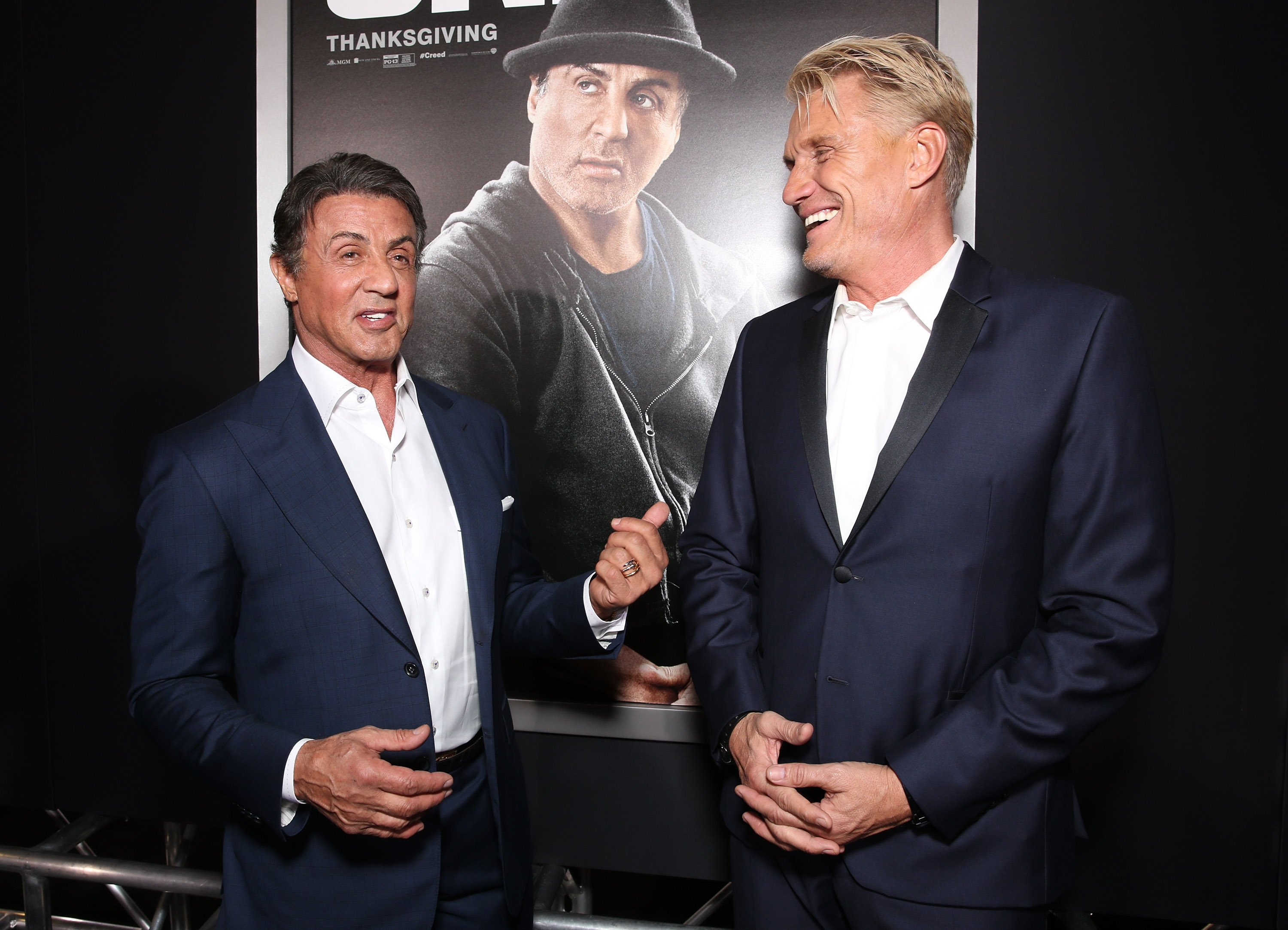 Rocky actor Sylvester Stallone and Dolph Lundgren attend the premiere of Creed