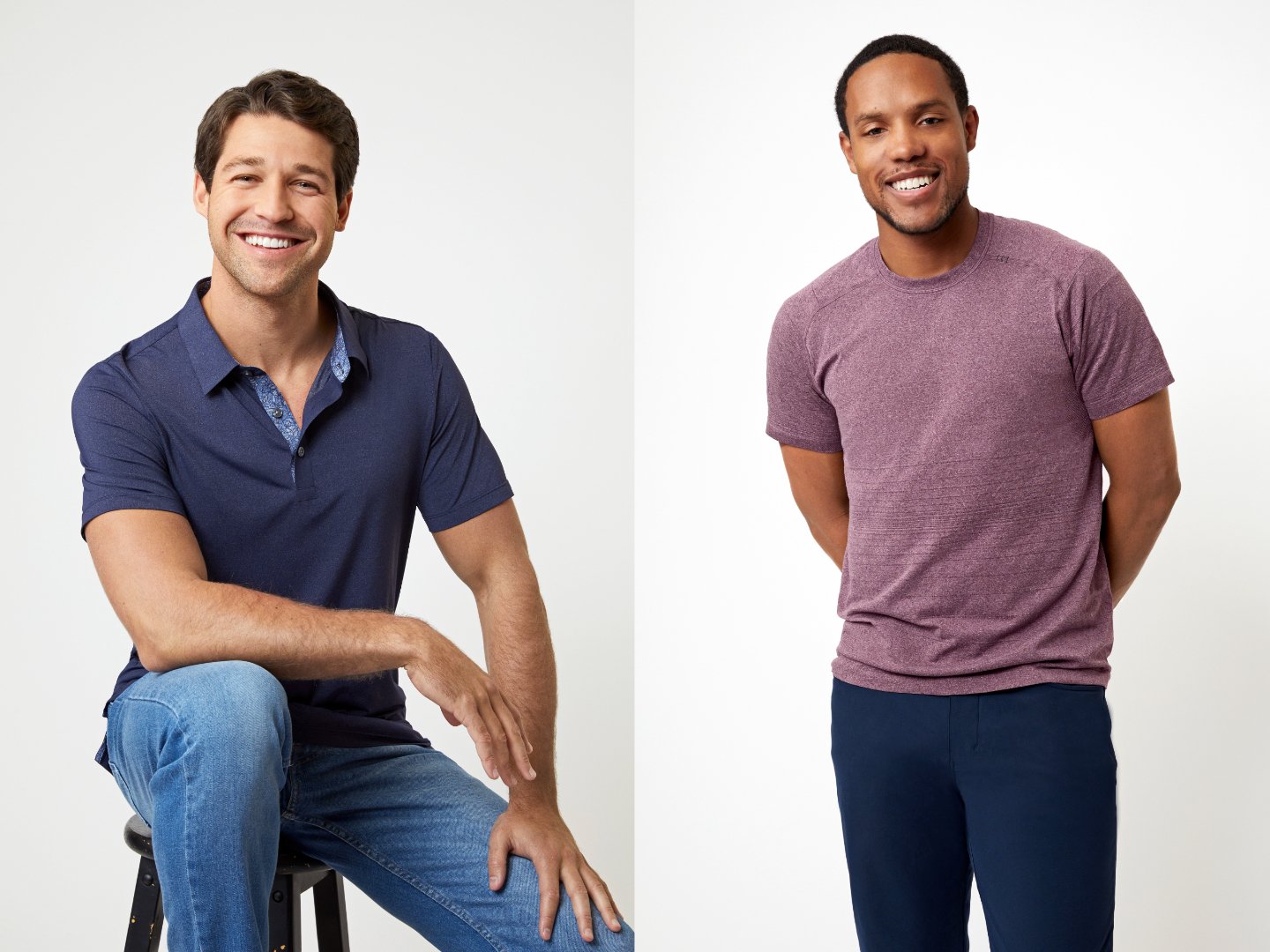 'The Bachelorette' 2022 contestants Hayden and Chris. Hayden is wearing a blue polo and jeans, and Chris is wearing a purple T-shirt and jeans.