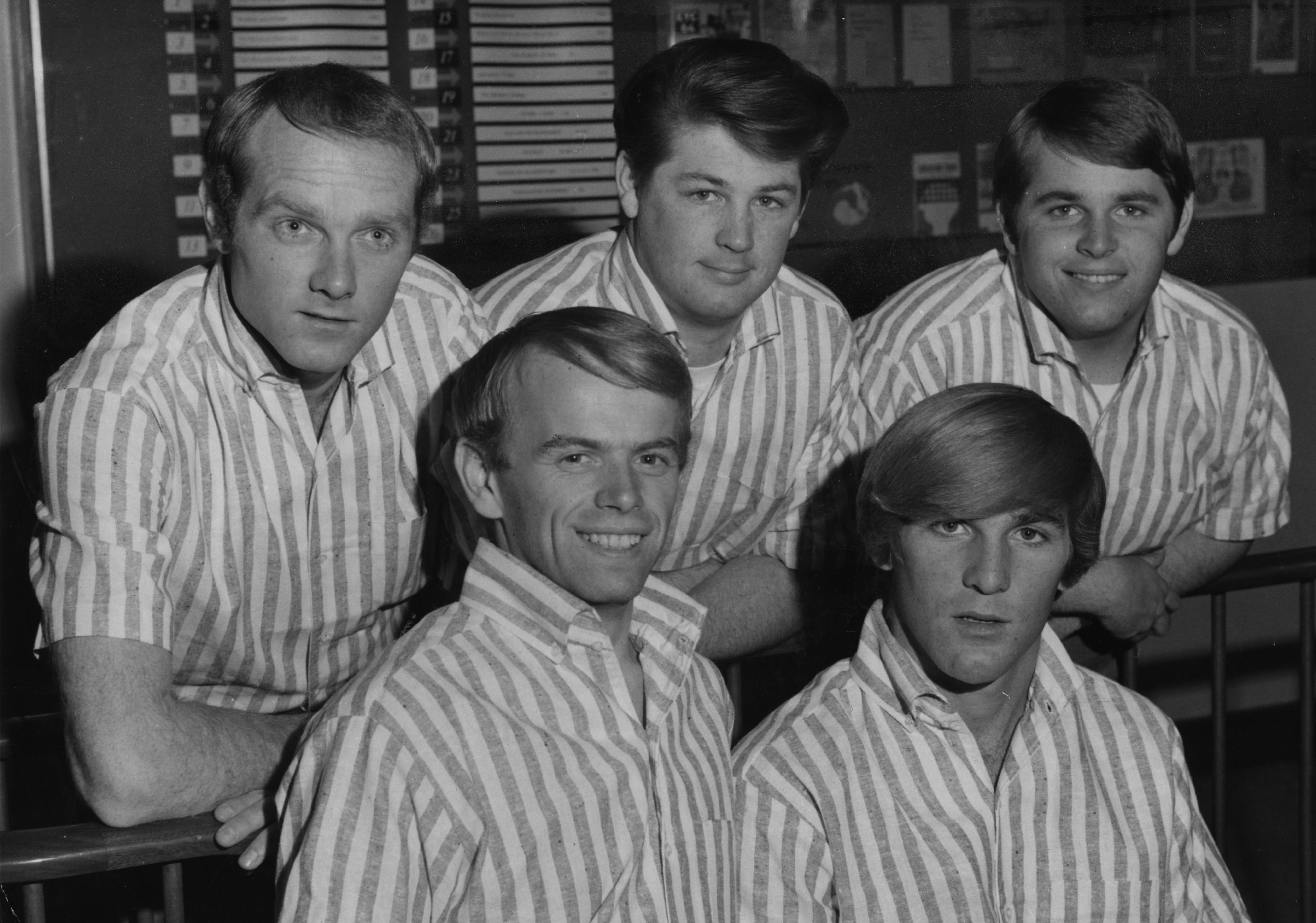The Beach Boys wearing striped shirts during the "Barbara Ann" era 