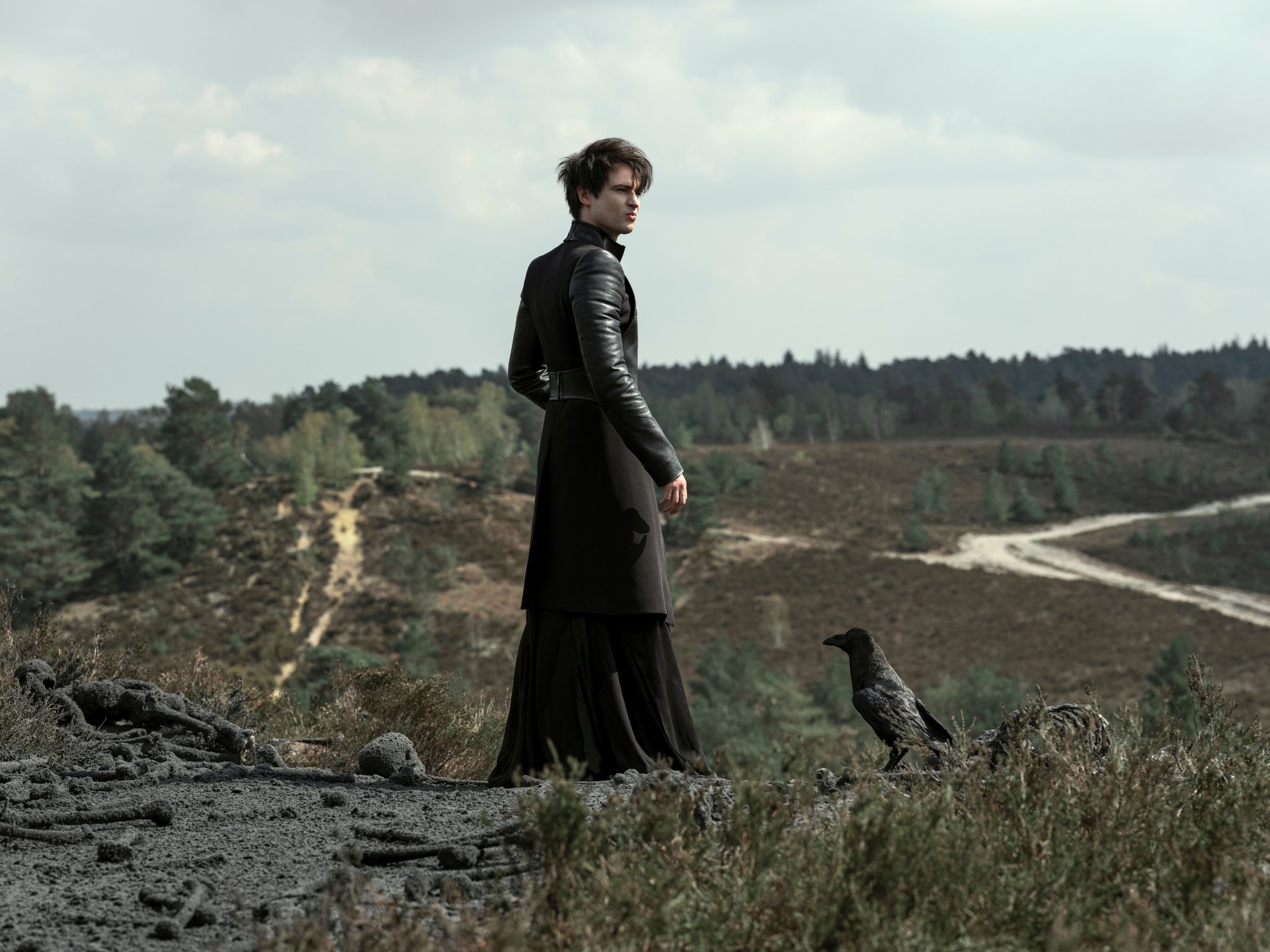 Tom Sturridge as Morpheus/Dream in 'The Sandman,' which is based on a comic book series. He's wearing a long, black coat and standing before a field. Matthew the Raven is next to him.