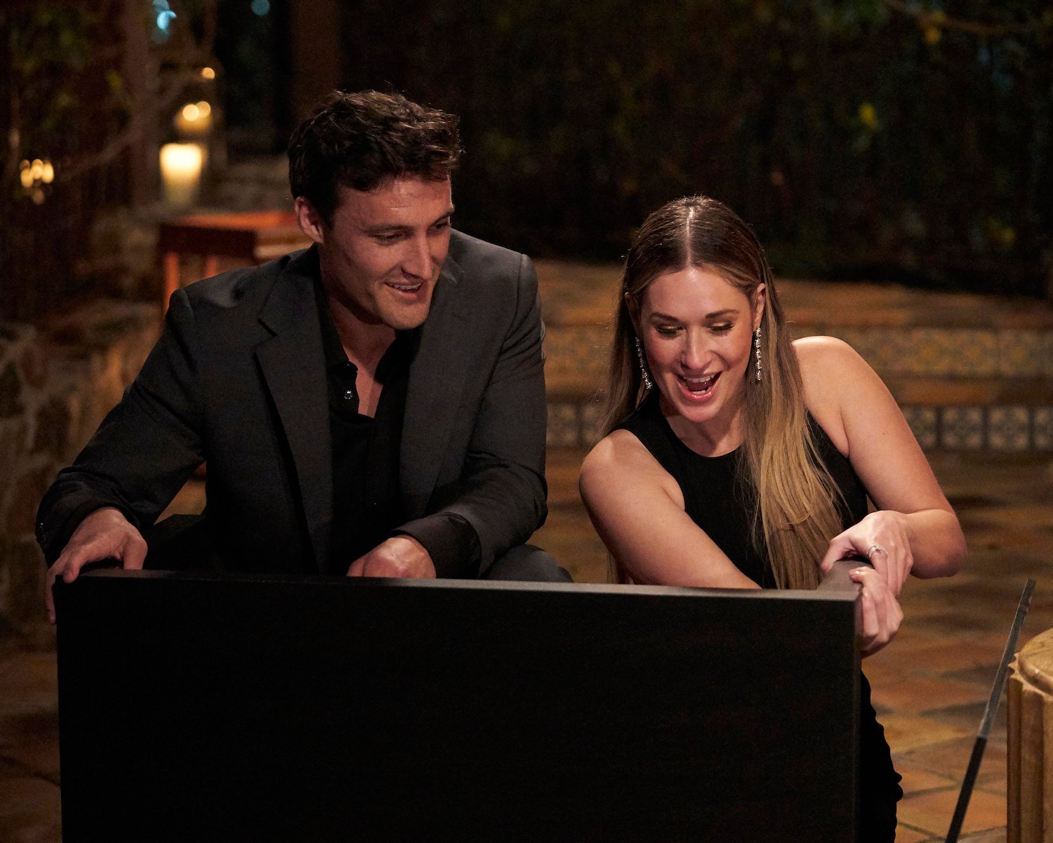 Tino Franco and Rachel Recchia laugh together in season 19 of The Bachelorette.