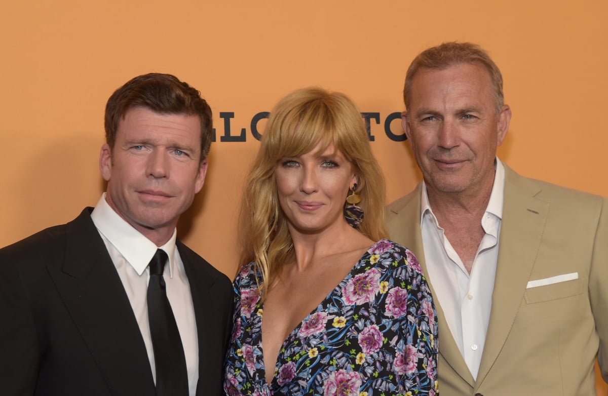 Yellowstone creator Taylor Sheridan with stars Kelly Reilly and Kevin Costner attend the premiere of Paramount Pictures' Yellowstone at Paramount Studios on June 11, 2018 in Hollywood, California