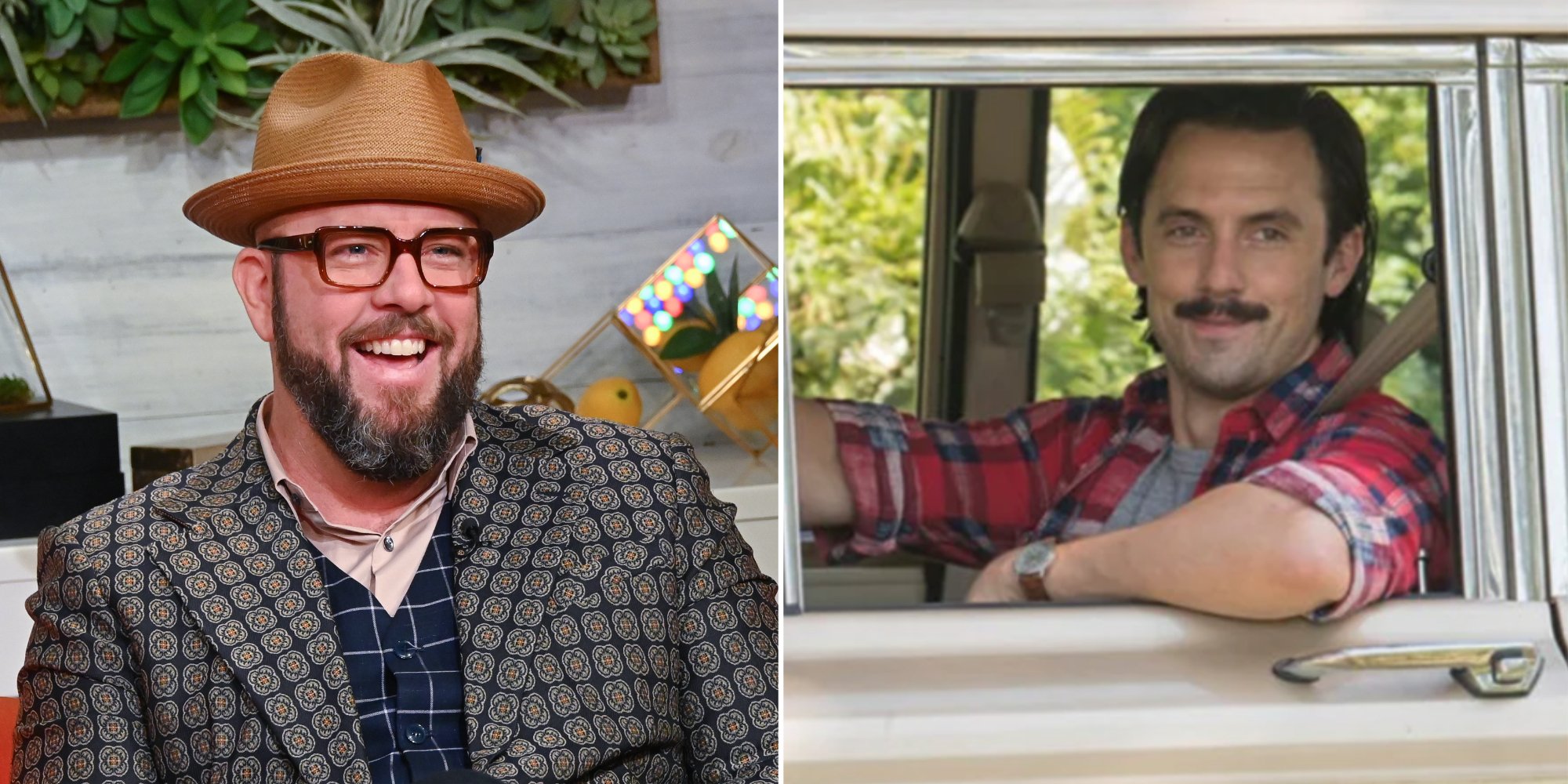'This Is Us' star Chris Sullivan in a side by side photo with co-star Milo Ventimiglia driving a 1990 Jeep Wagoneer.