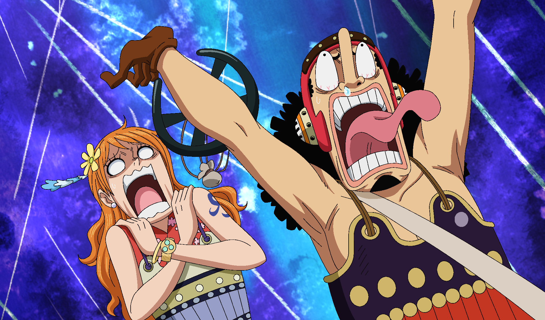 Usopp and Nami reacting in cartoonish manner, which is how you'll react while reading One Piece 1056 spoilers on Reddit