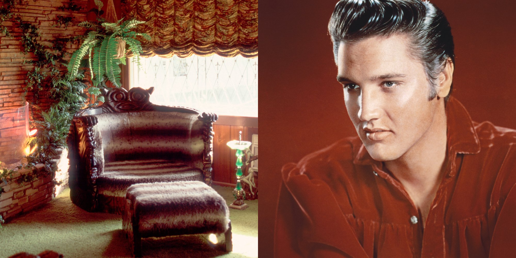The Jungle Room in Graceland and a photo of Elvis Presley side by side.