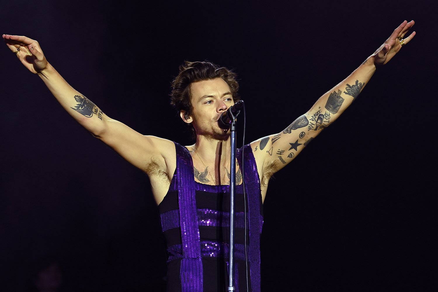 Harry Styles performs on stage during Radio 1's Big Weekend 2022 at War Memorial Park as rumors swirl that he's bald