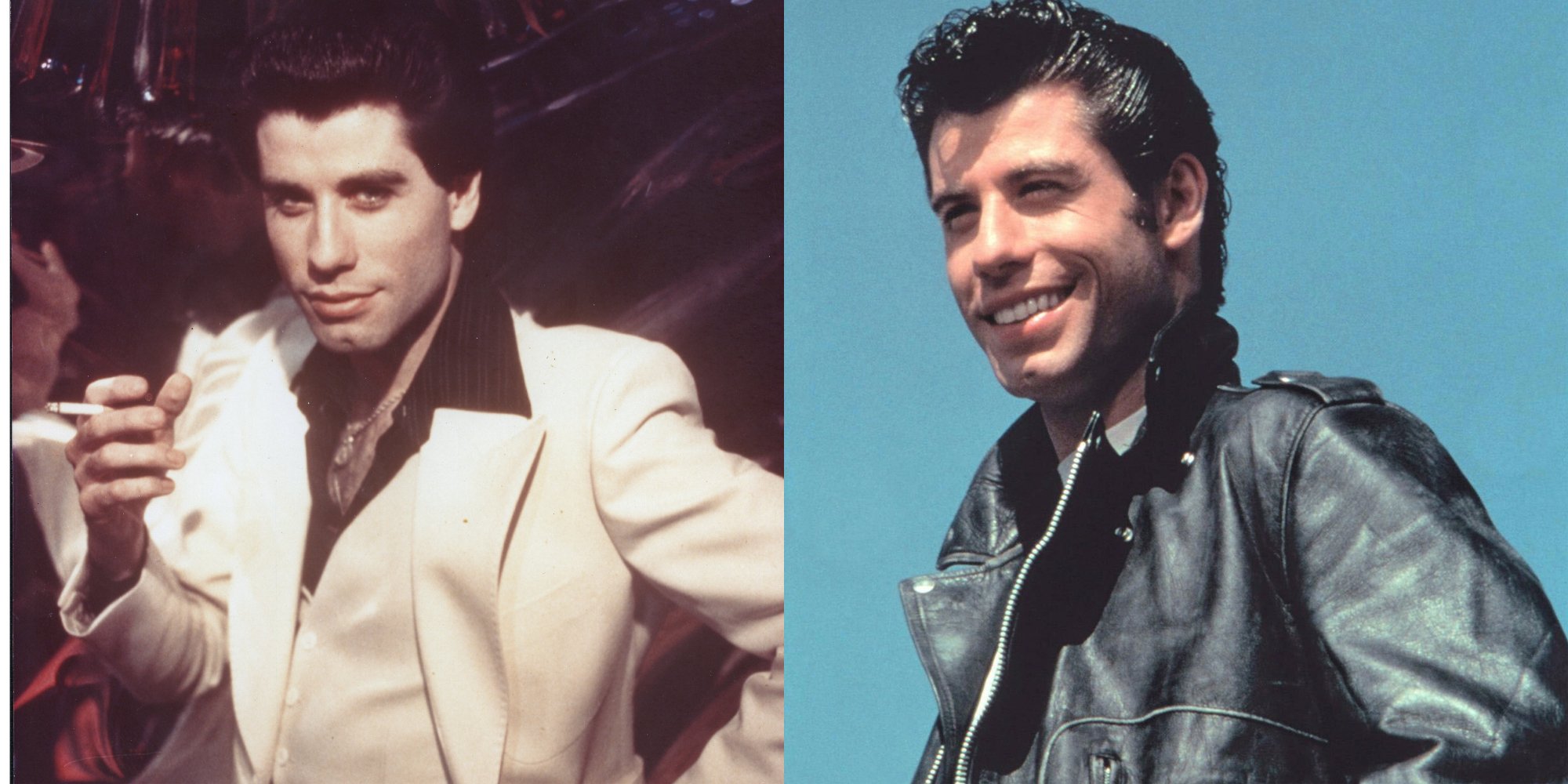 John Travolta in side by side photographs for both 'Saturday Night Fever' and 'Grease.'