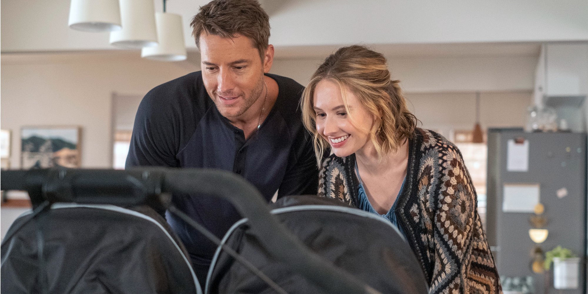 Justin Hartley and Caitlin Thompson on the set of This Is Us.