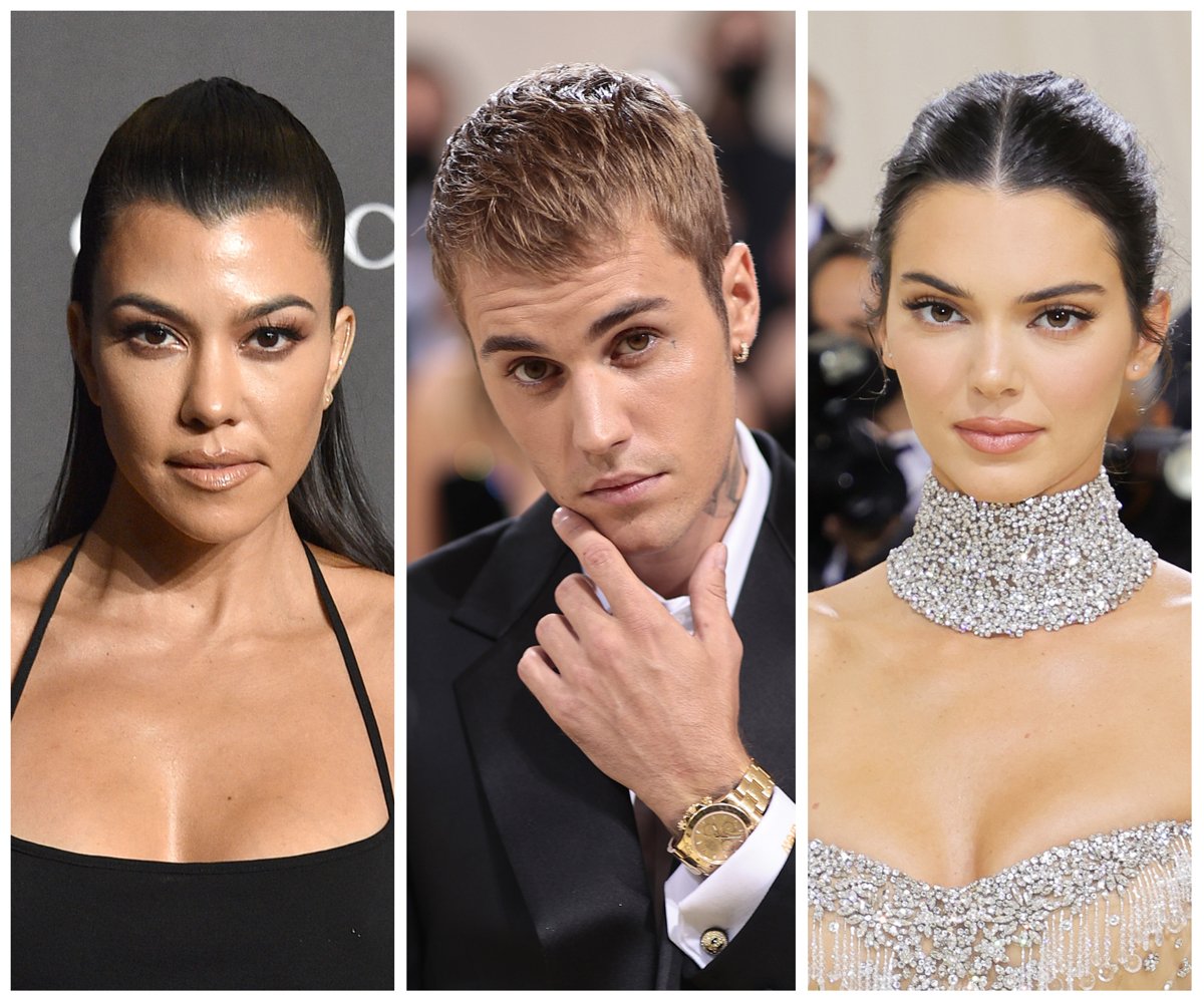 Side by side photos of Kourtney Kardashian, Justin Bieber, and Kendall Jenner, who were once in a love triangle.