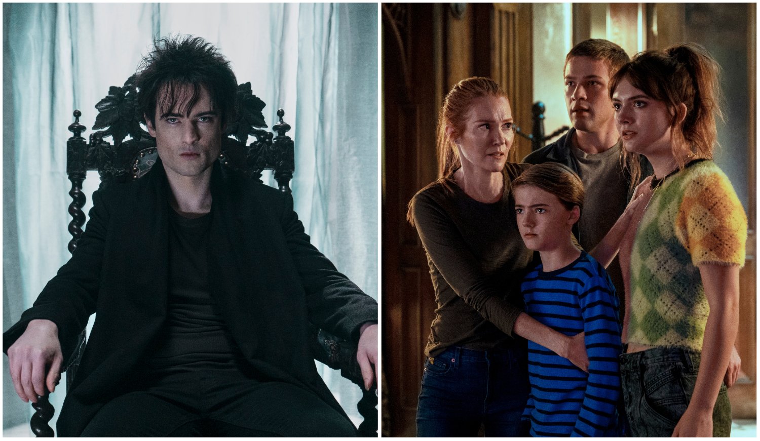 Tom Sturridge as Dream in The Sandman // Darby Stanchfield as Nina Locke, Jackson Robert Scott as Bode Locke, Connor Jessup as Tyler Locke, and Emilia Jones as Kinsey Locke in Locke & Key