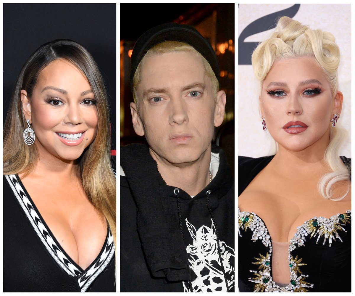 Nebeneinander Fotos von Mariah Carey, Eminem und Christina Aguilera, die sich alle gestritten haben.