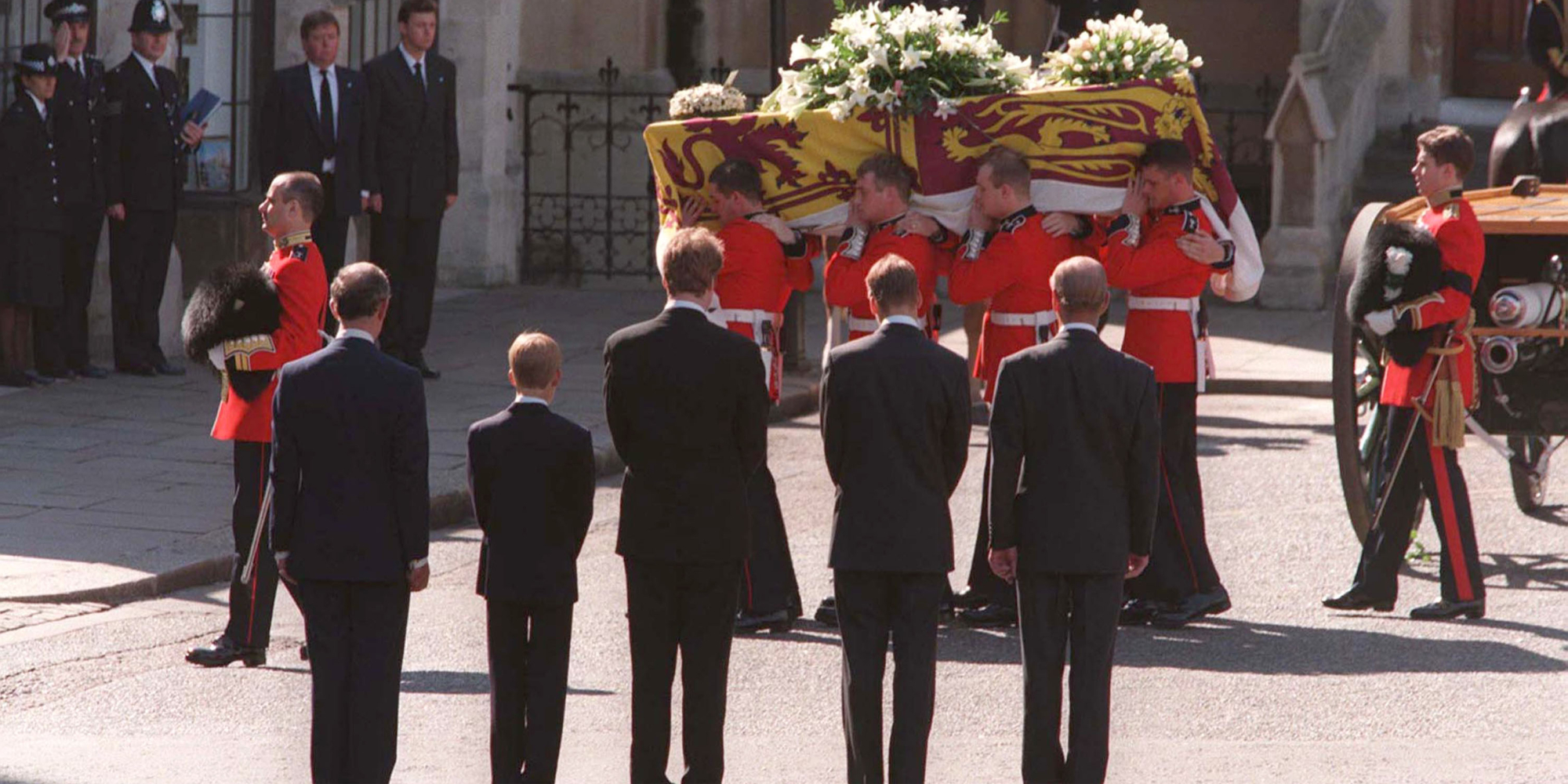 Princes Charles, Harry, William, Philip and the 9th Earl Spencer walk behind Princess Diana's casket in 1997.