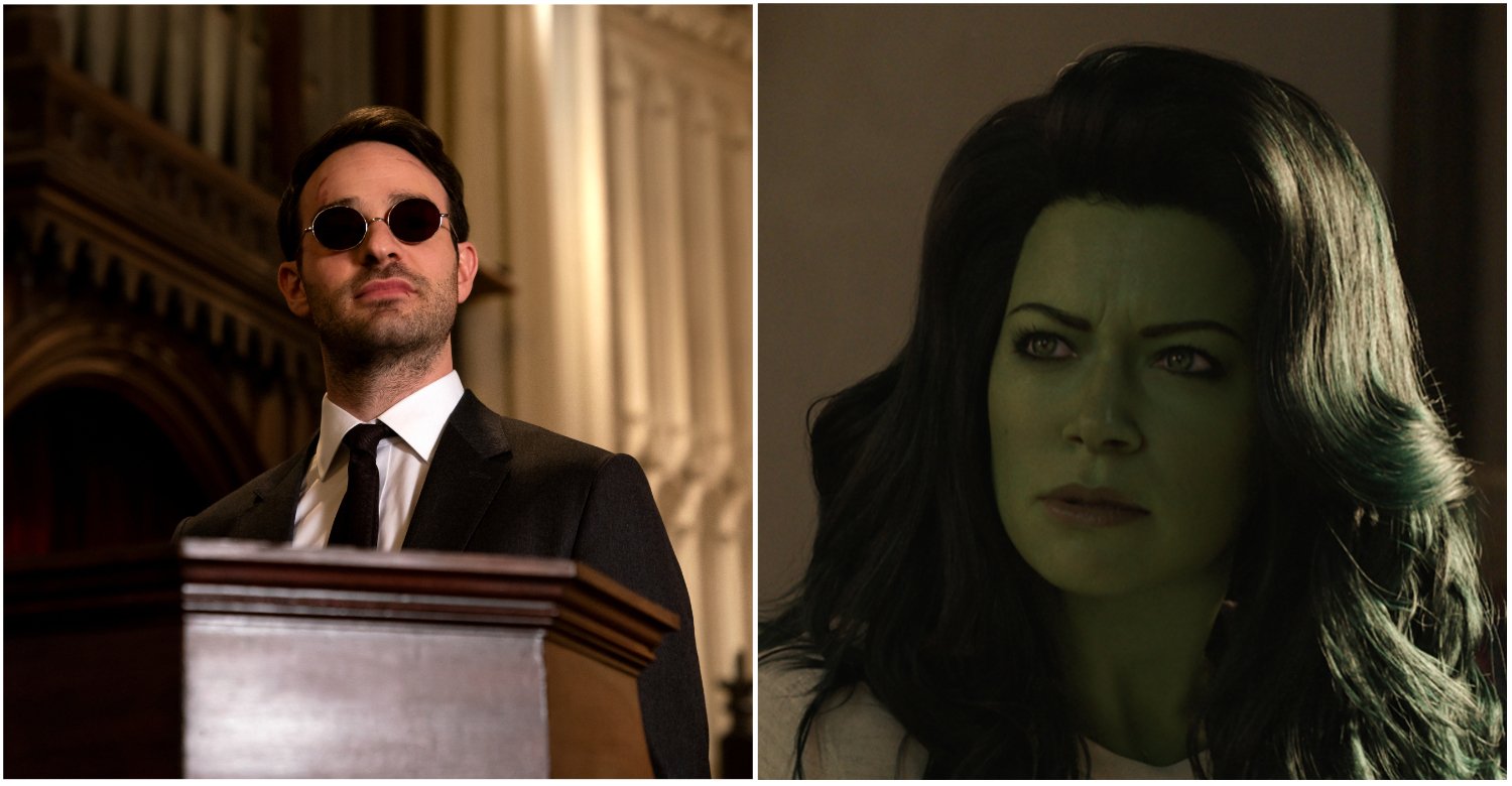 Charlie Cox as Matt Murdock in Daredevil // Tatiana Maslany as She-Hulk in She-Hulk: Attorney at Law