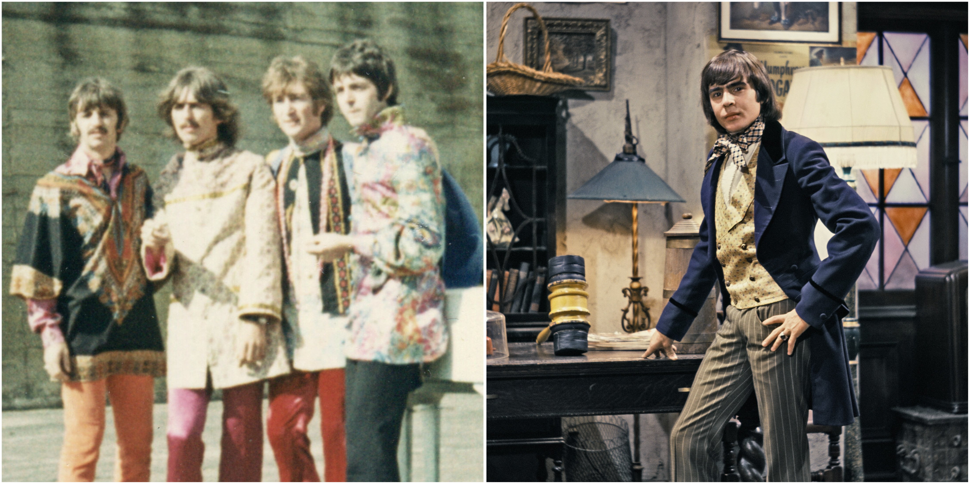 The Beatles Ringo Starr, George Harrison, John Lennon, Paul McCartney and The Monkees Davy Jones pose in side by side photographs.