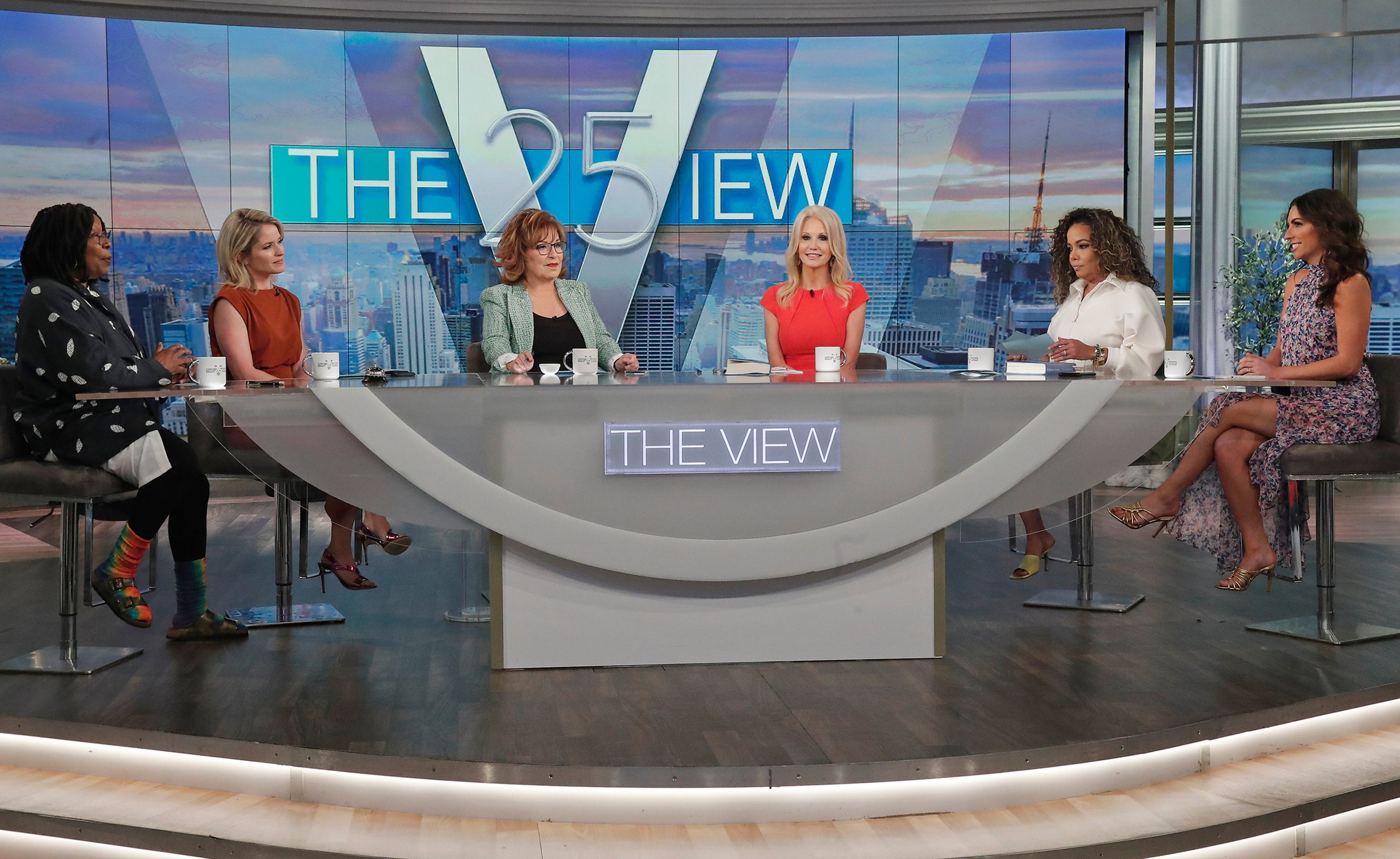 'The View' panelists welcome Kellyanne Conway to the Hot Topics Table. Pictured are Whoopi Goldberg, Sara Haines, Joy Behar, Sunny Hostin, and Alysse Farah Griffin.