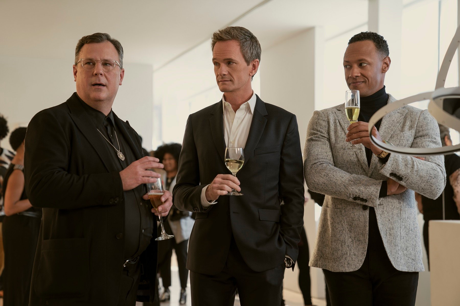 Brooks Ashmanskas as Stanley James, Neil Patrick Harris as Michael Lawson, and Emerson Brooks as Billy Jackson in 'Uncoupled'