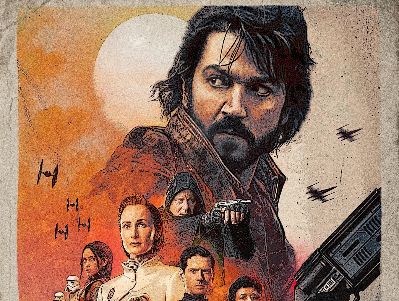 Key art for 'Andor' for our article about the blue noodles in episode 1. It features Diego Luna as Cassian Andor on the top, with the rest of the cast below him. There's a moon in the background, and the backdrop is white and orange.