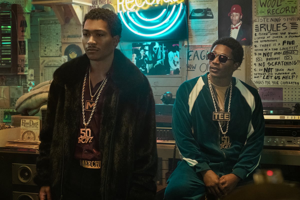 Demetrius “Lil Meech” Flenory Jr. as Big Meech wearing a gold chain and fur and Da'Vinchi as Terry wearing a gold chain and track suit in 'BMF'