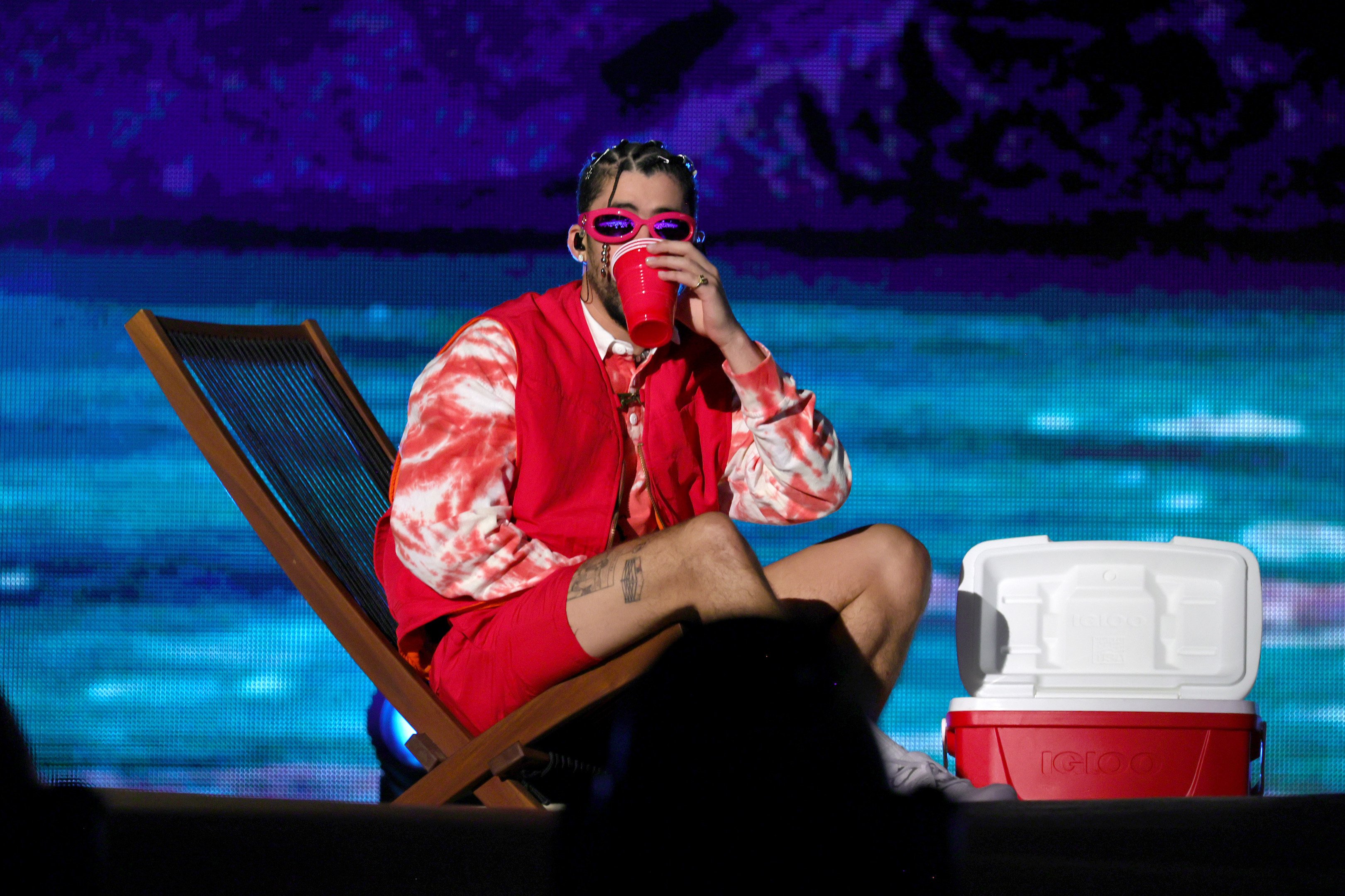 Bad Bunny performs during 2022 Made In America at Benjamin Franklin Parkway