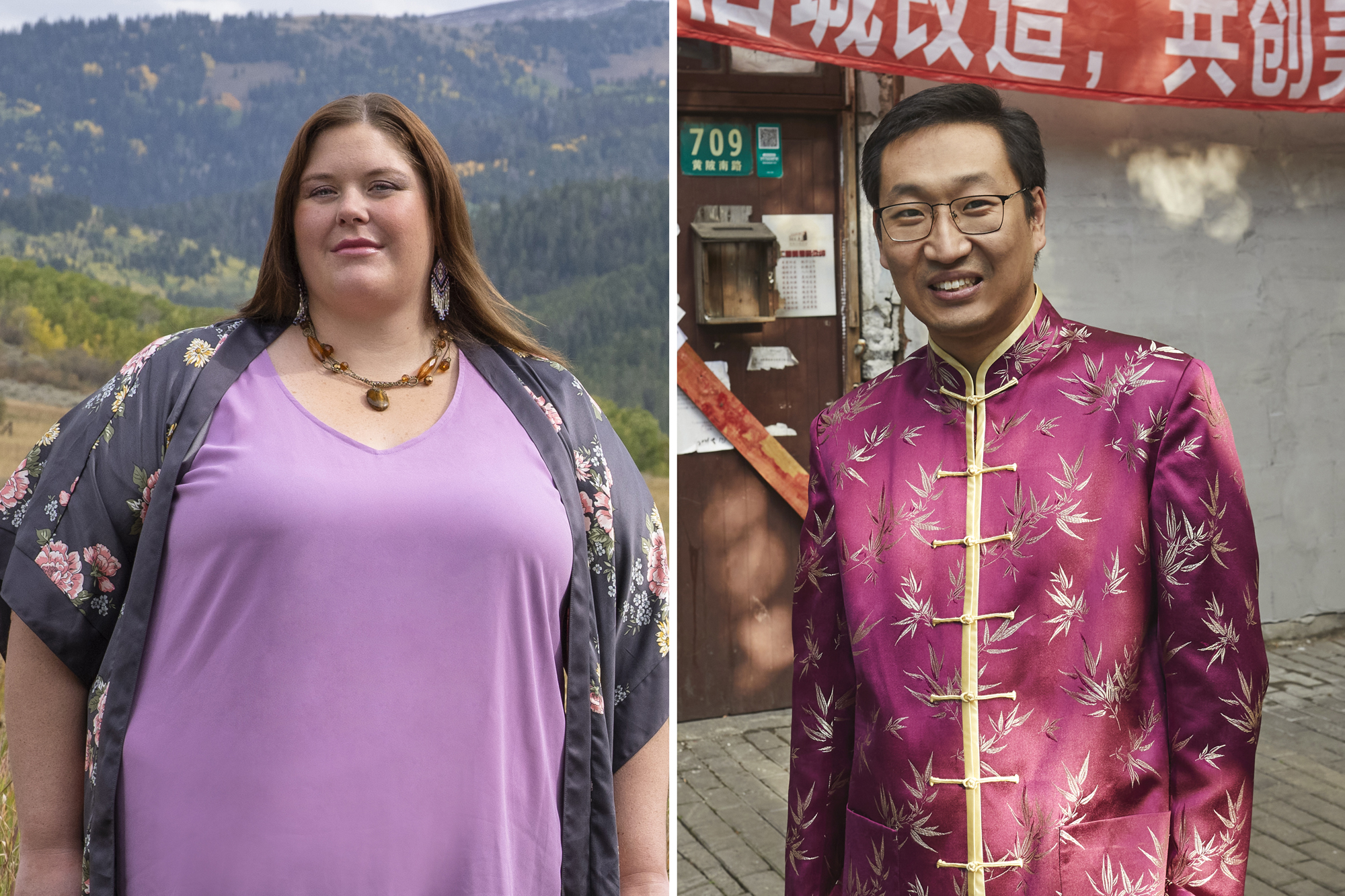 Ella Johnson stands outside in Idaho, while on the right, Johnny Chao stands in China for '90 Day Fiancé' promo.