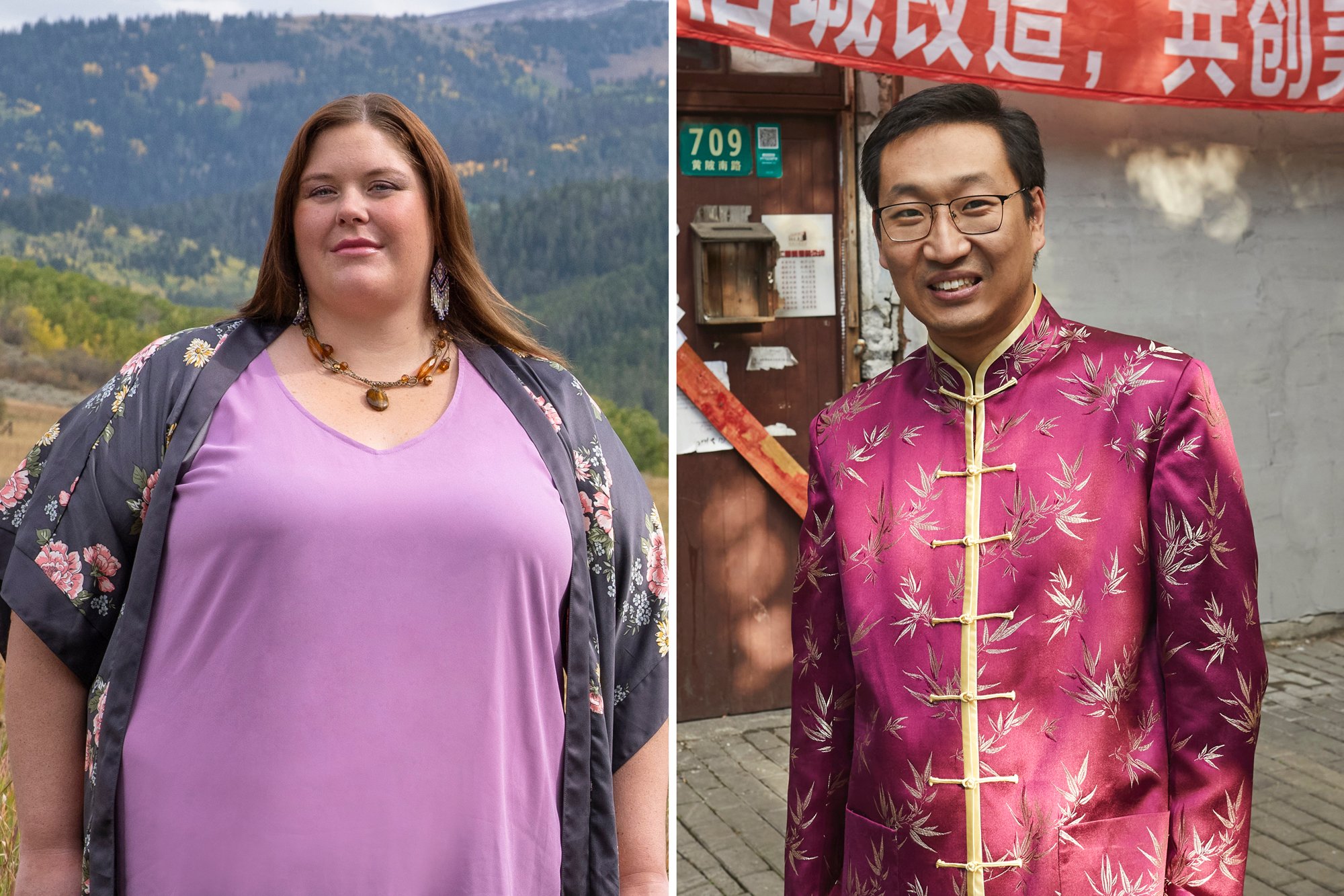 Ella Johnson stands outside in Idaho, while on the right, Johnny Chao stands in China for '90 Day Fiancé' promo.