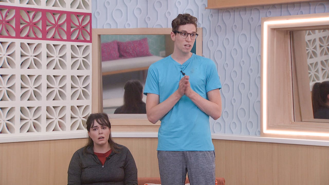 Brittany Hoopes sits on the block, upset. Michael Bruner stands next to her talking on 'Big Brother 24'.