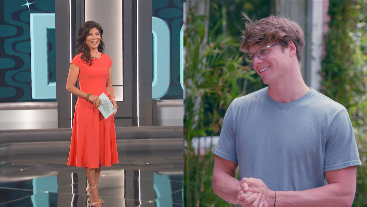Host Julie Chen Moonves standing outside the Big Brother 24 house and Kyle Capener smiling to the jurors