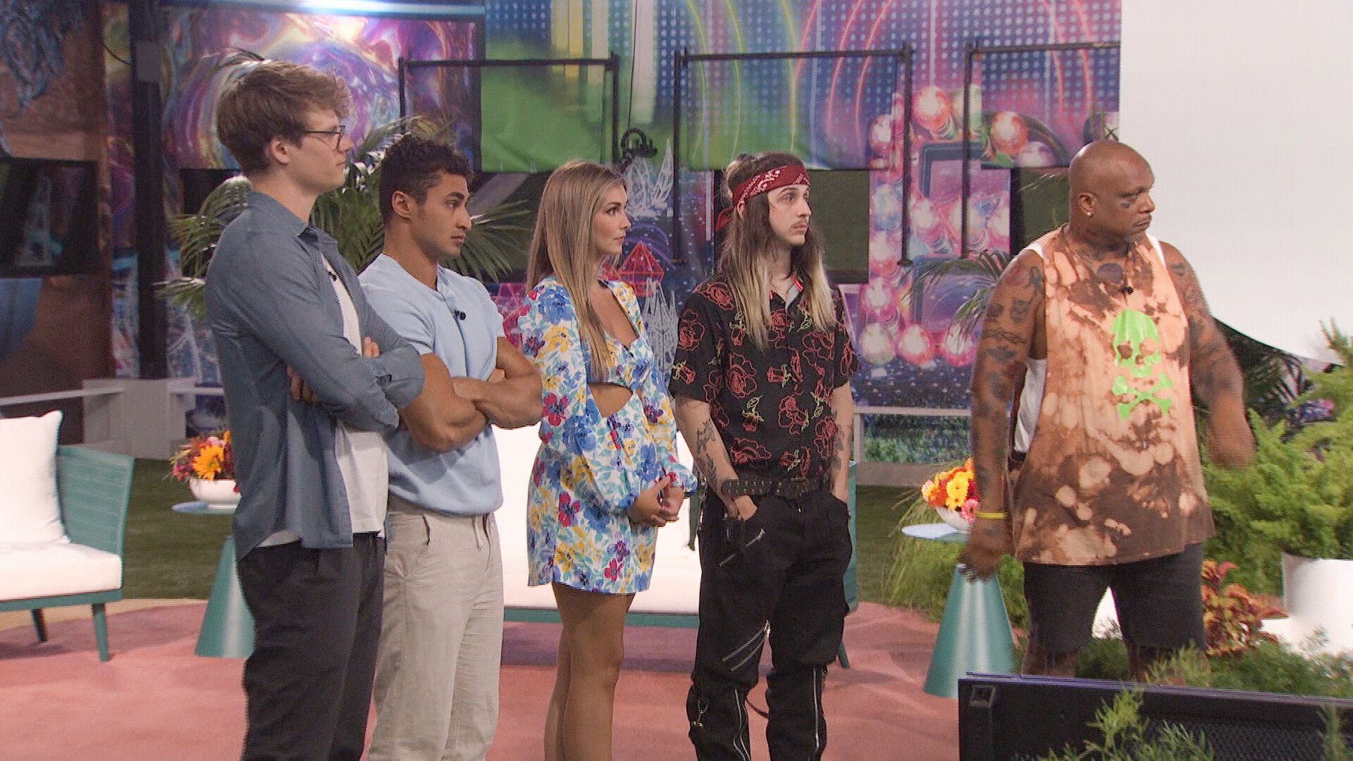 Kyle Capener, Joseph Abdin, Alyssa Snider, Matthew Turner and Terrance Higgins standing next to each other during 'Big Brother 24'