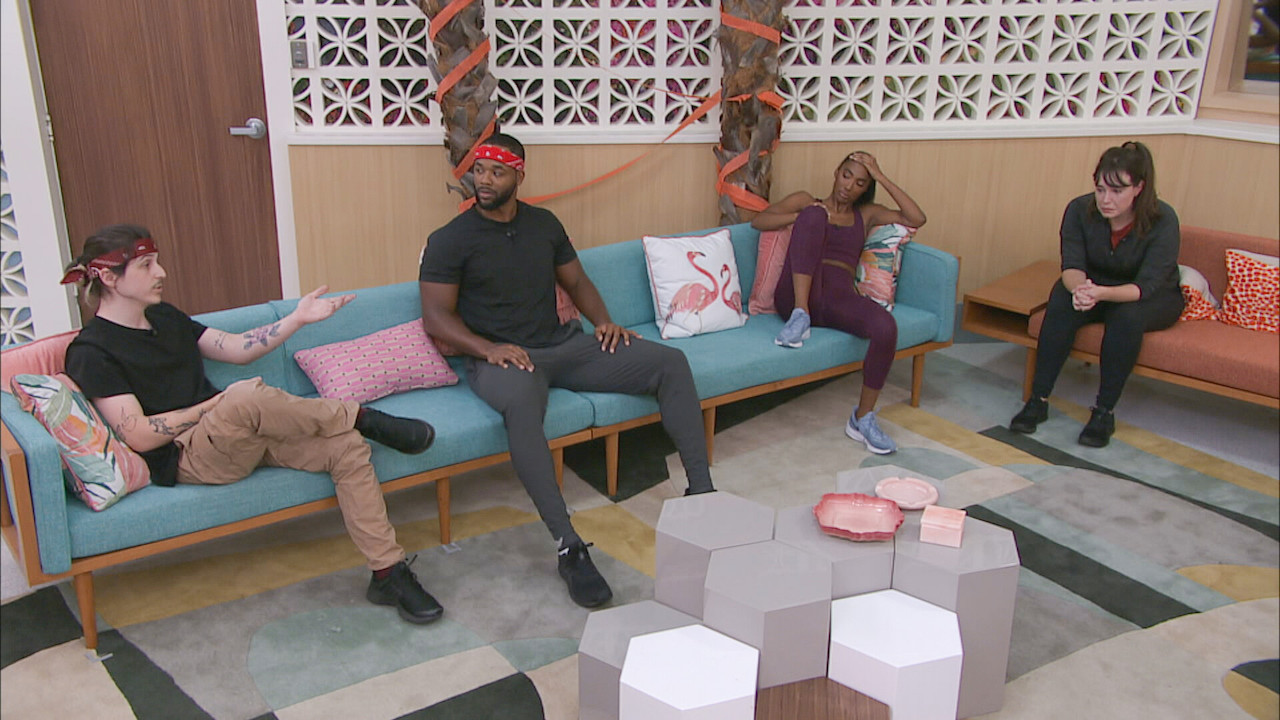 Matthew Turner, Monte Taylor, Taylor Hale and Brittany Hoopes sit together in the 'Big Brother 24' living room.