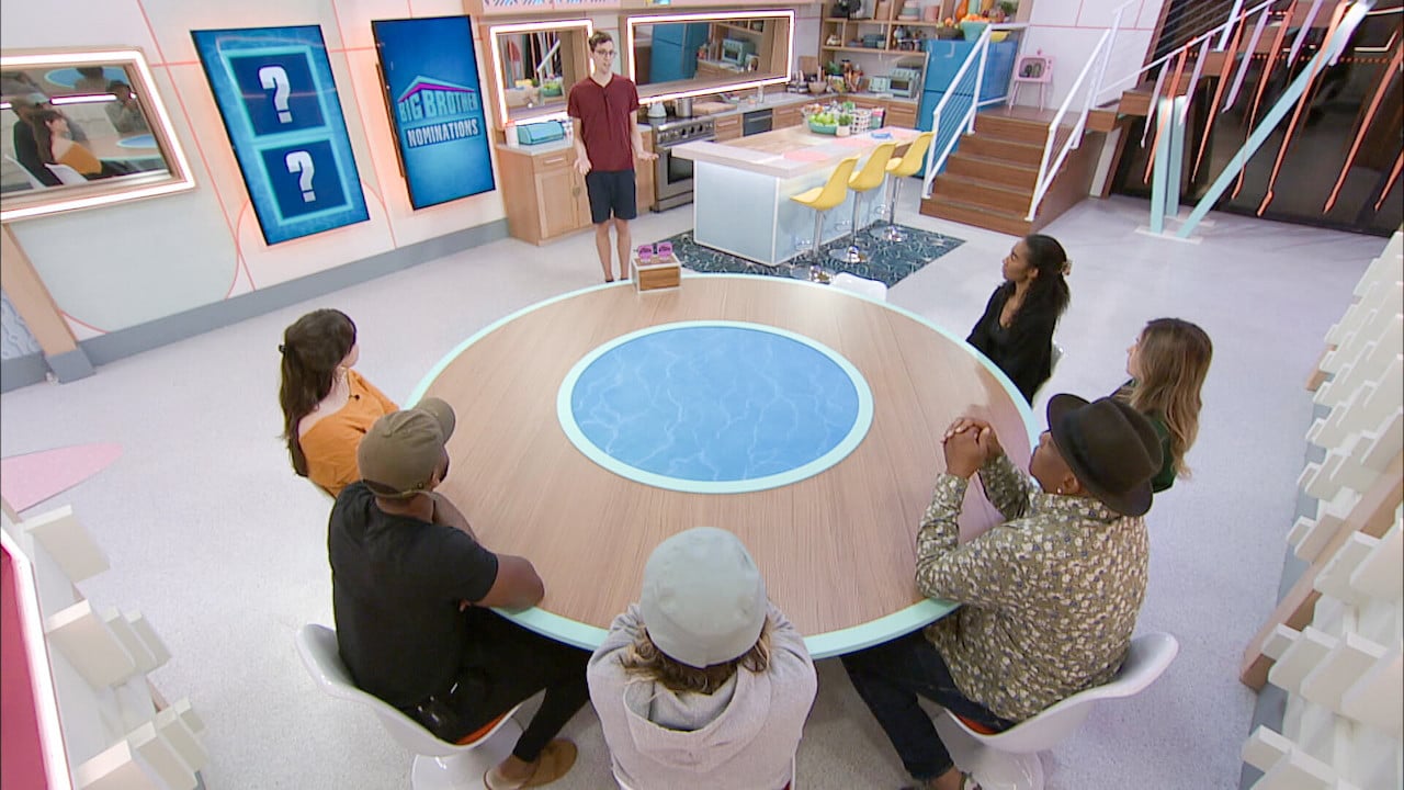 Michael Bruner stands before Brittany Hoopes, Terrance Higgins, Alyssa Snider, Monte Taylor, and Taylor Hale in the kitchen on 'Big Brother 24'.