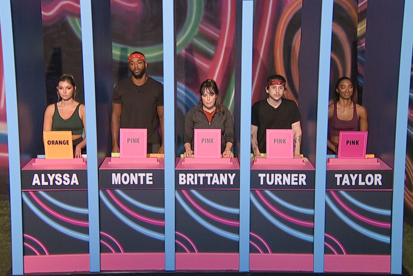 Alyssa Snider, Monte Taylor, Brittany Hoopes, Matthew Turner, and Taylor Hale, one of which will win 'Big Brother 24' on CBS, compete in a booth HOH competition.