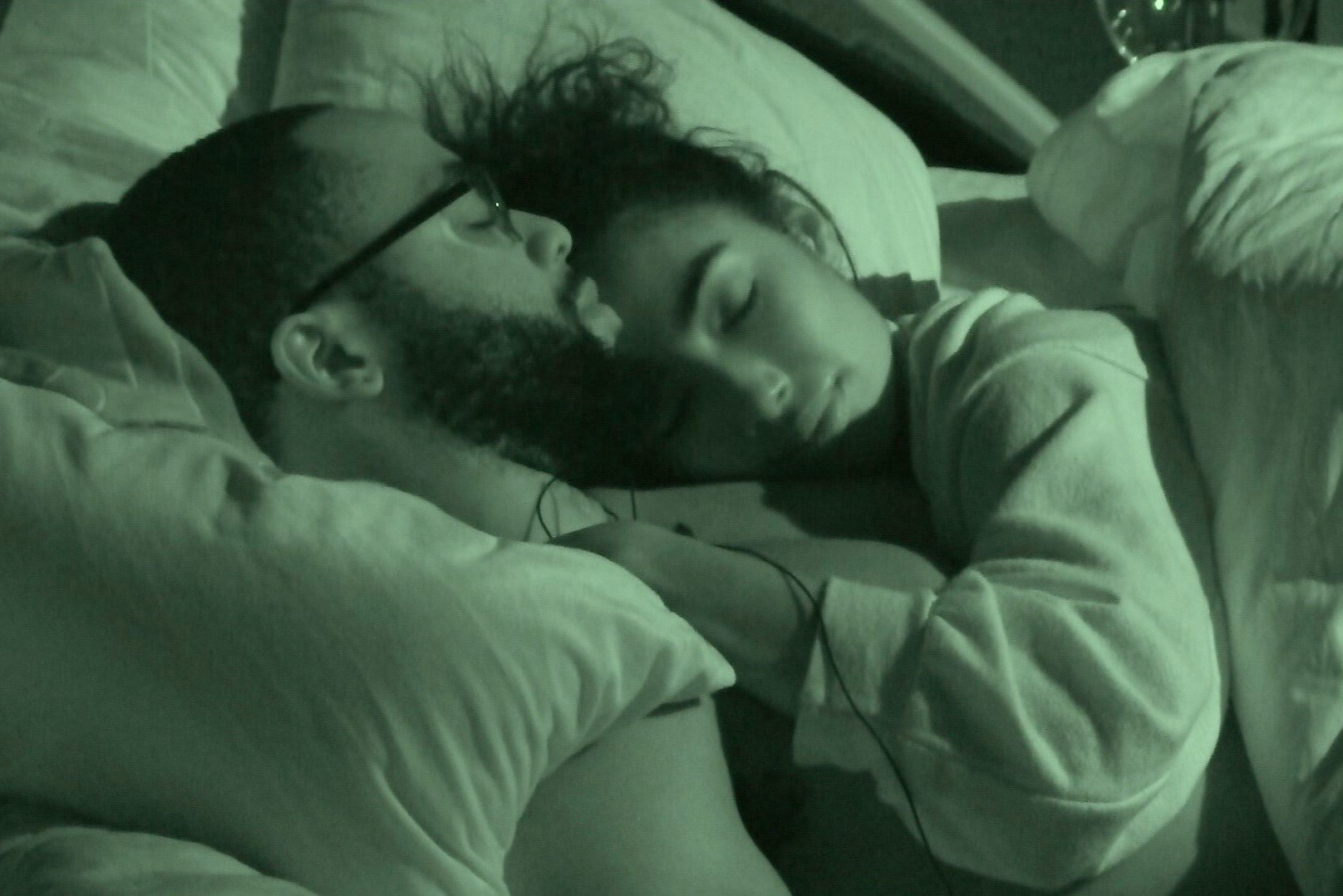 Monte Taylor and Taylor Hale, who are in a showmance in 'Big Brother 24' on CBS, sleep in bed together.